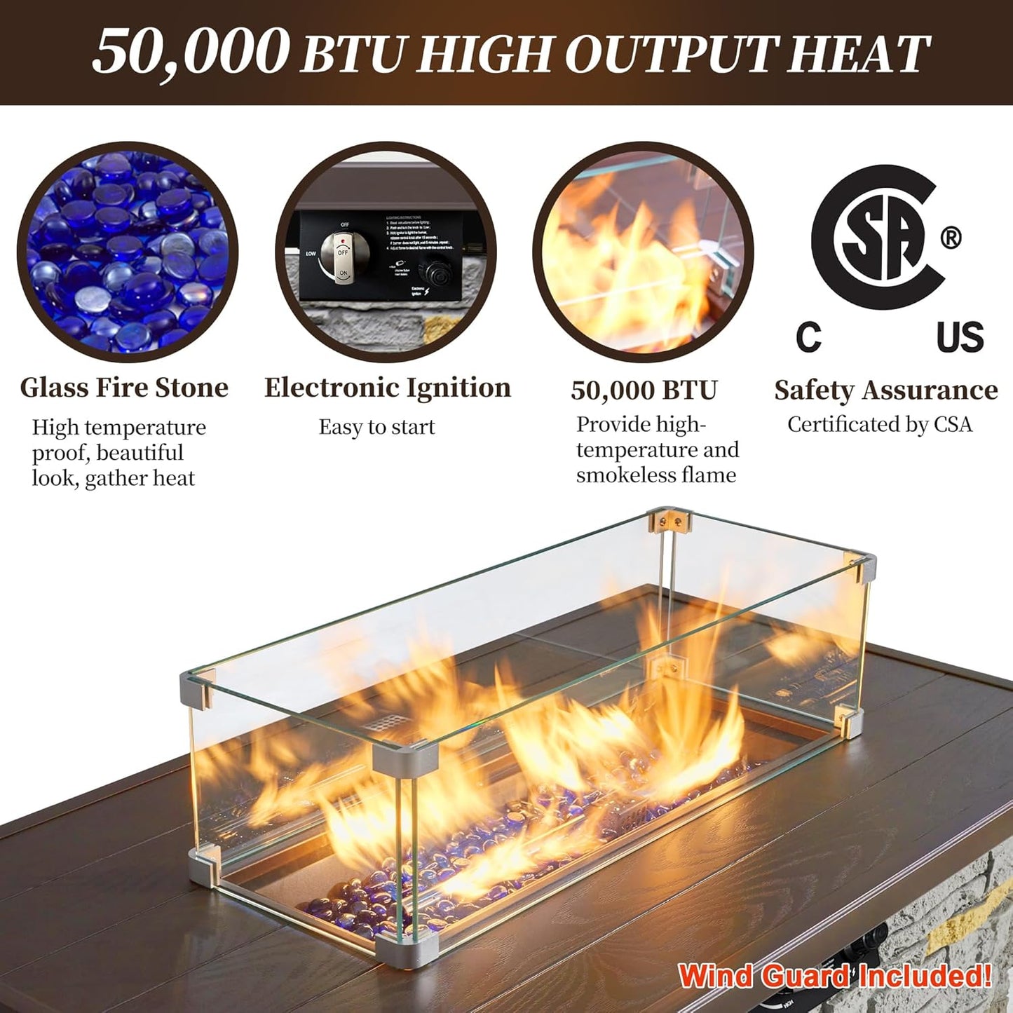 43¡± Propane Fire Pit Table Outdoor Rectangular Stone Firepit Table 50,000 Btu Propane Fire Tables for Outside Patio with Glass Wind Guard, Lid, Fire Glass Beads,Brown Rock Look