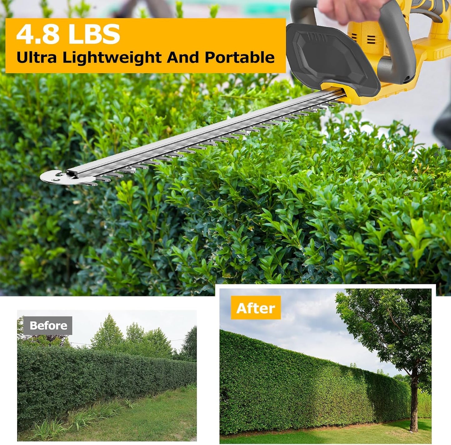 Hedge Trimmer Compatible for Dewalt 20V 60V DCB206 DCB609，Cordless Electric Hedge Trimmer with 1600RPM Brushless Motor, 22'' Dual-Action Blade with 3/5'' Cutting Capacity (NO Battery)