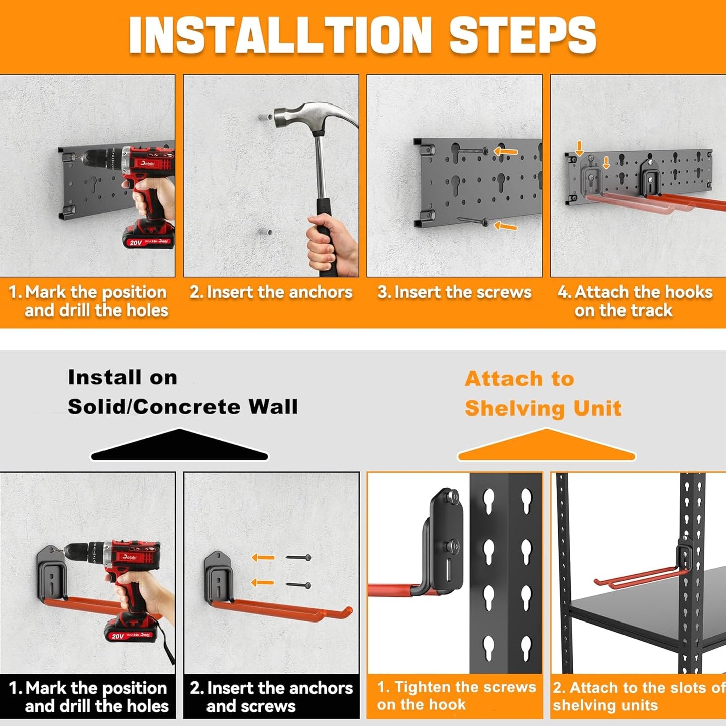 TORACK Garden Tool Organizer Wall Mount, Garage Folding Chair Storage Rack, Tools Rack for Shovels, Rakes, Broom, Ladders, Hooks for Keyhole Style Shelving Unit
