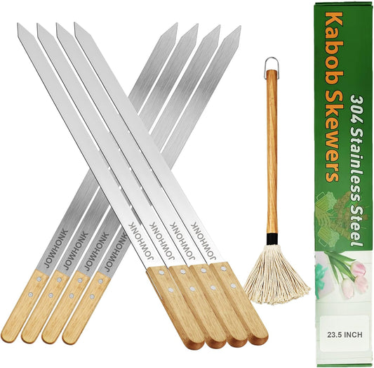 23.5" Long Kabob Skewers,1 Inch Wide 304 Stainless Steel Barbecue Skewers for Grilling with Wooden Handle,Metal Flat BBQ Skewer for Koubideh Brazilian Shish Kebab Skewer(8),BBQ Mop Brush(1)