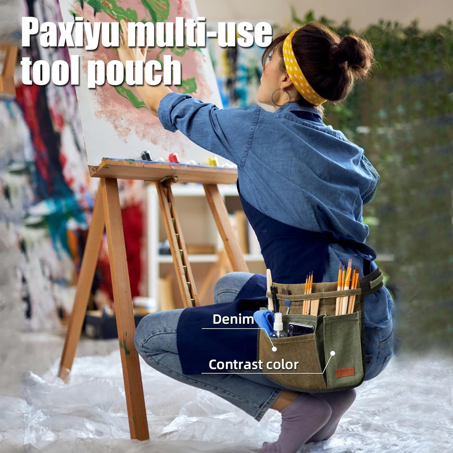 Garden Tool Belt for Men & Women, Denim Wide Adjustable 5-Pocket Waist Garden Apron - Heavy Duty Tool Pouch for Gardening, DIY, Carpenter, Woodworking, Painting, Seamstress, and Crafts (Green)