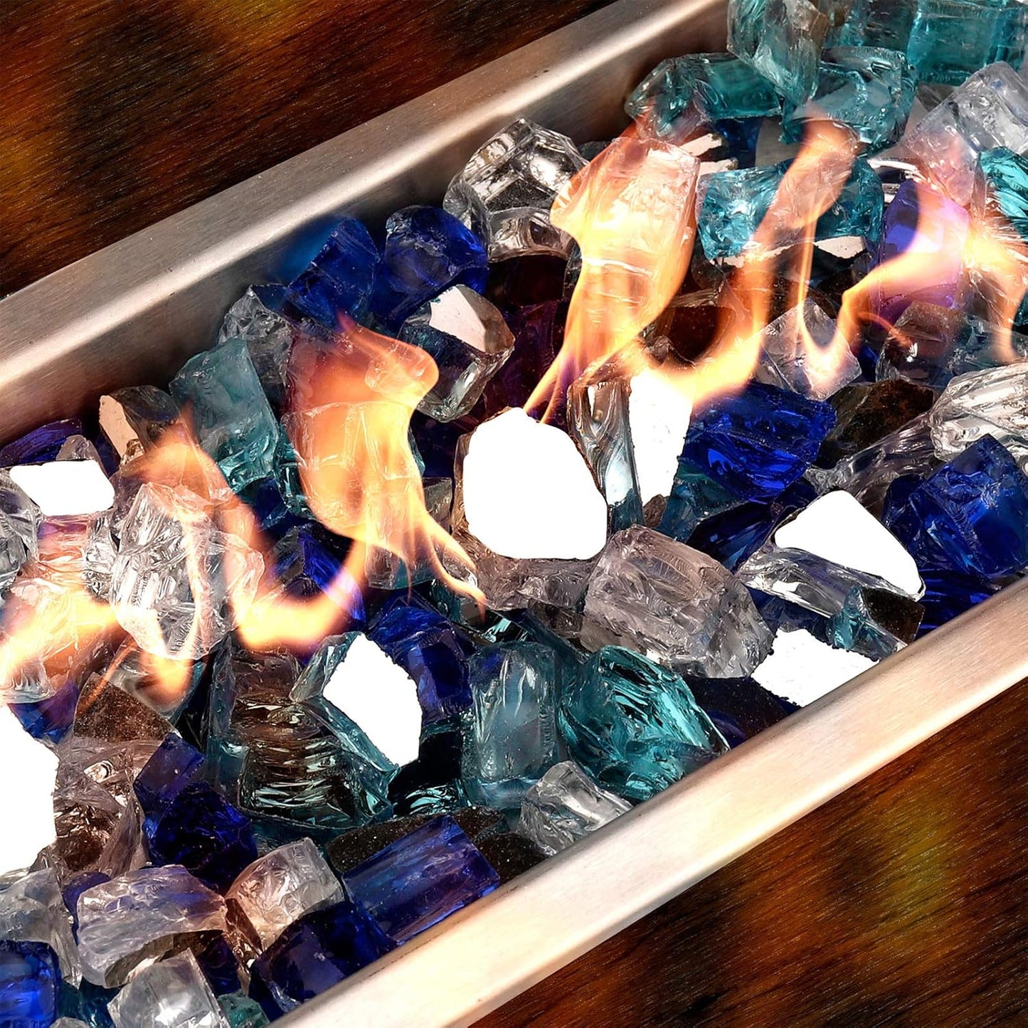 Mr. Fireglass 10 Pounds Blended Fire Glass - 1/2 Inch Mixed Colored High Luster Reflective Tempered Glass Rocks for Fireplace Fire Pit Table Fireplace and Landscaping, Aqua Blue+Cobalt Blue+Platinum