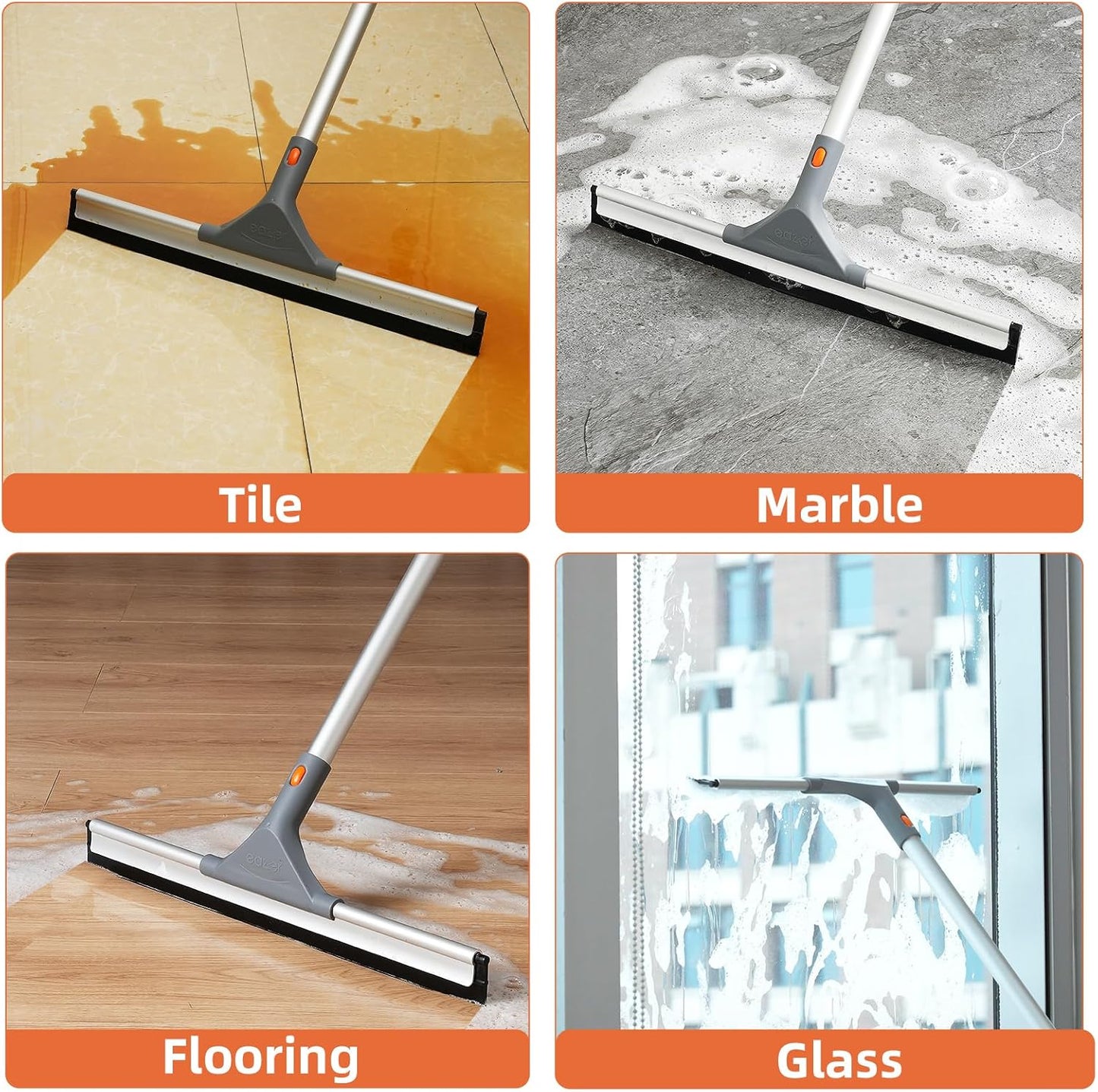 Eazer Floor Squeegee Broom: Heavy Duty Scrubber with Extendable 50.3'' Aluminum Pole and Rubber Blade for Kitchen, Swimming Pool, Concrete Floors,Shower,Tiles,Garages,Windows,Glass,Pet Hair Removal