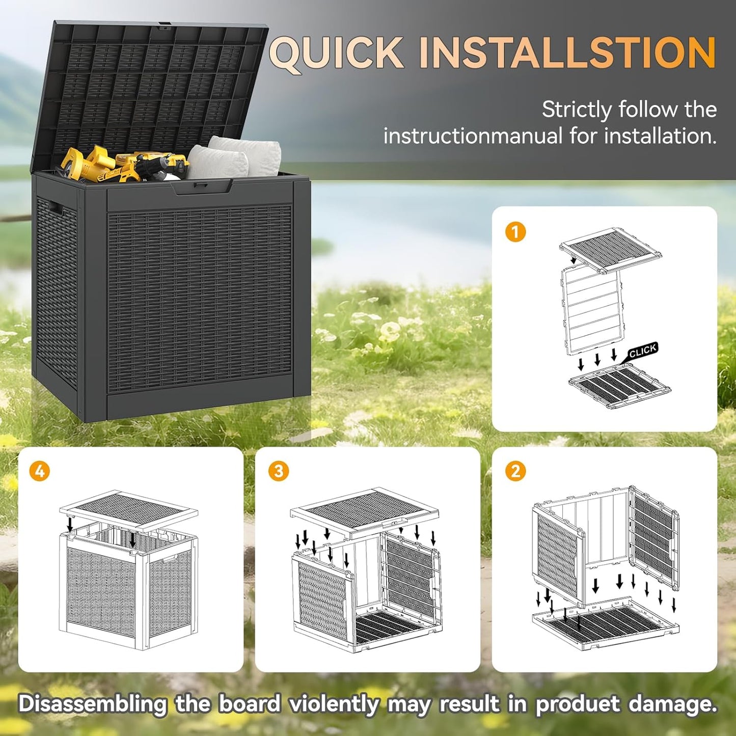 NUNU LAB 30 Gallon Waterproof Outdoor Storage Box, Lockable Resin Deck Box Bench for Patio Cushions, Garden Tools, Pool Accessories & Package Deliveries – Black