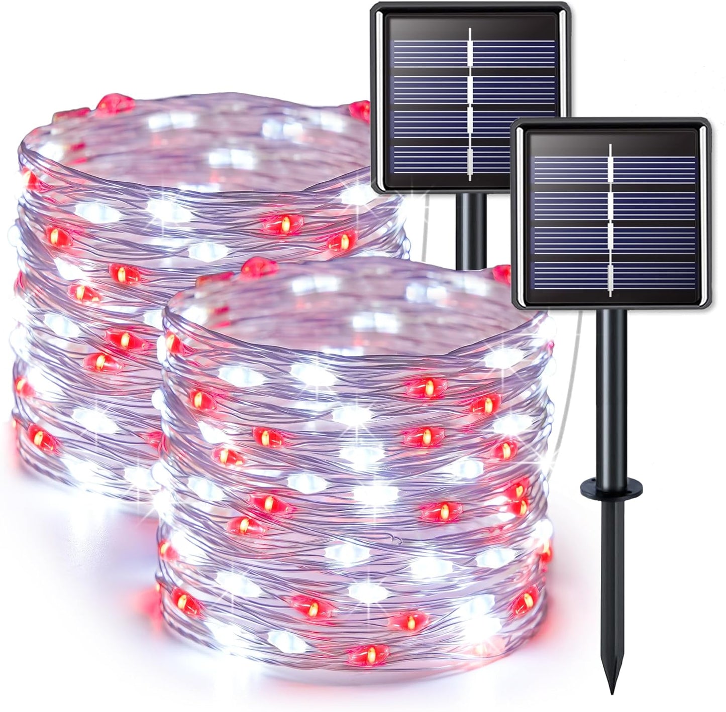JMEXSUSS 2 Pack Red and White Solar Christmas Lights, Each 33FT 100 LED Solar String Lights Outdoor, Waterproof Solar Fairy Lights for Outside Christmas Decorations