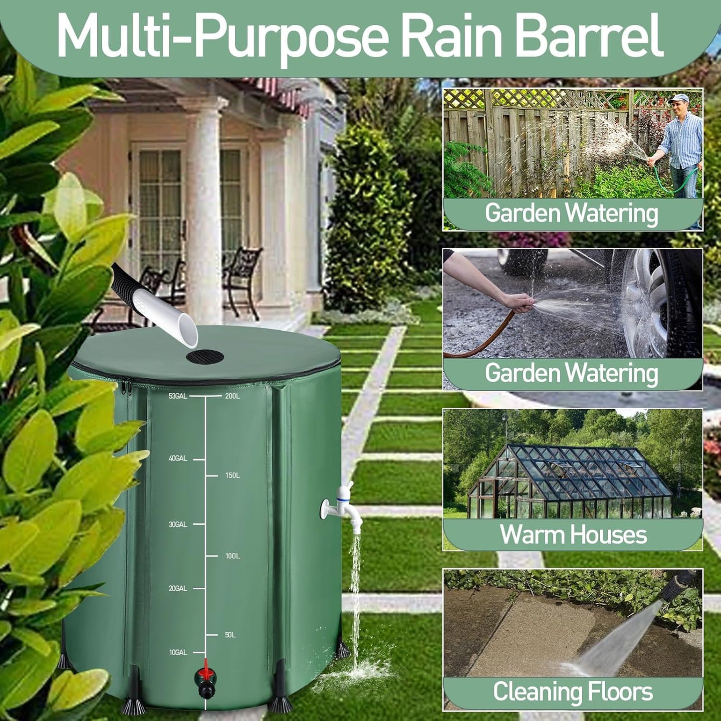 53 Gallon Collapsible Rain Barrel with Zipper Open and 12 Poles, 200L Protable Rainwater Collection System Kit with 1 Spigot and 2 Overflow, 1000D Oxford Rain Catcher Barrel for Outdoor Garden Camping