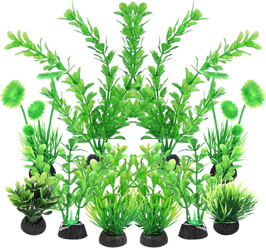 AQUANEAT Artificial Fish Tank Plants, Plastic Aquarium Decorations, Green Accessories, 10pcs