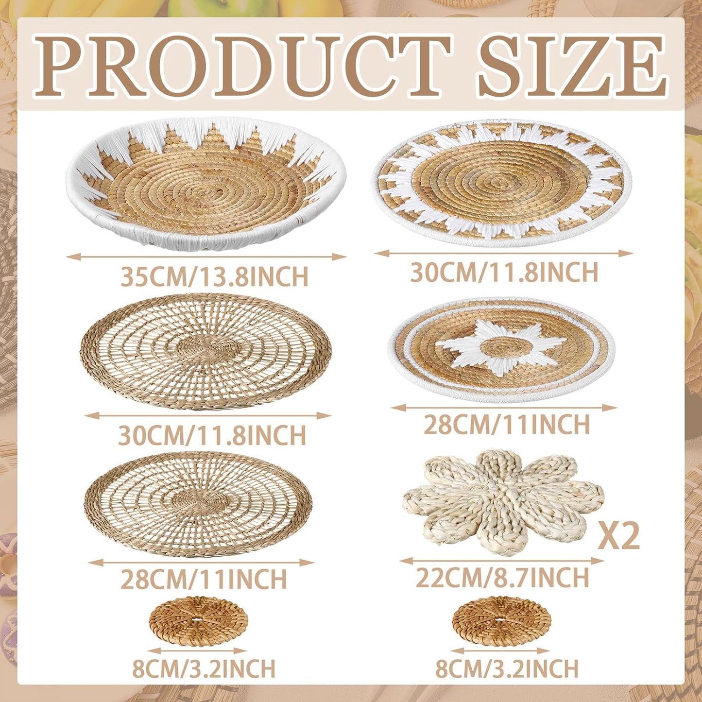 Xuhal Set of 8 Hanging Woven Wall Basket Handmade Decorative Rustic Boho Basket Decor Handcrafted Wicker Round Seagrass Wall Art for Home Kitchen Farmhouse Table Living Room