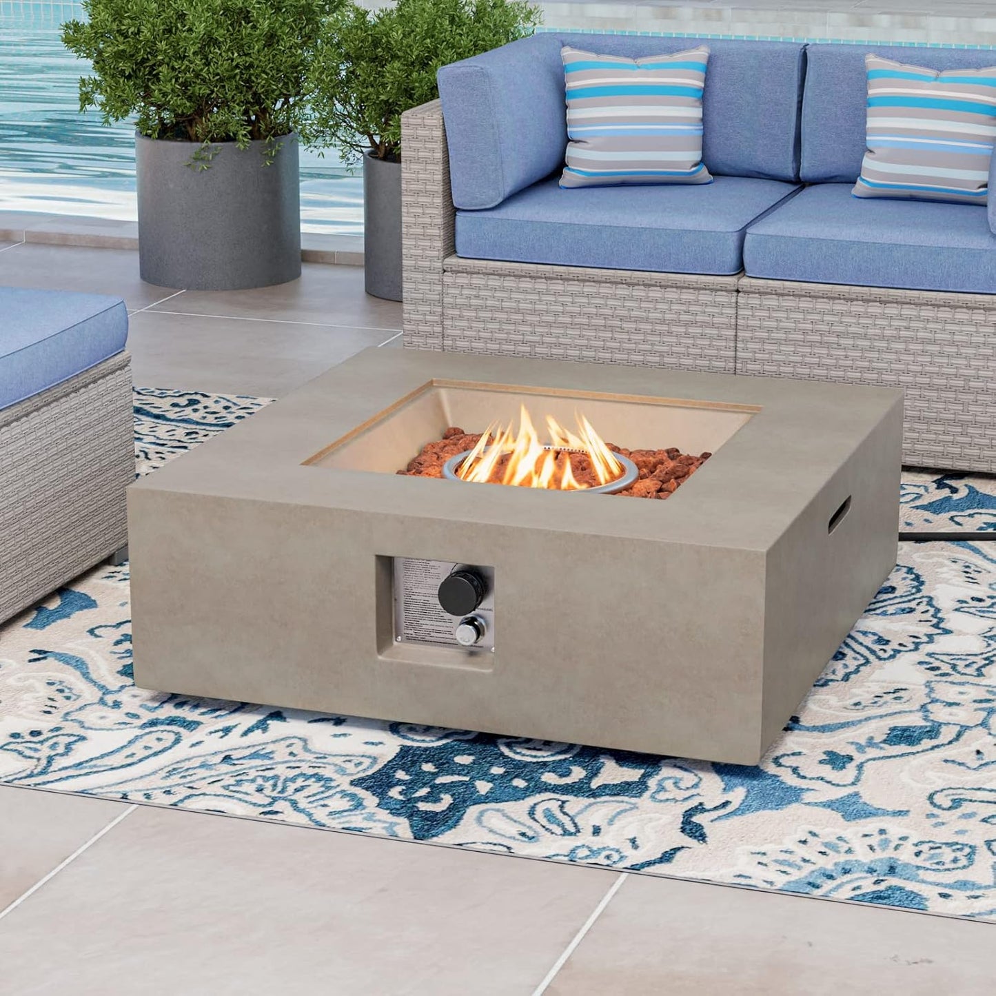 COSIEST Outdoor Propane Fire Pit Coffee Table w Square Faux Stone 35-inch Base, 50,000 BTU Stainless Steel Burner, Free Lava Rocks and Rain Cover(Gray)