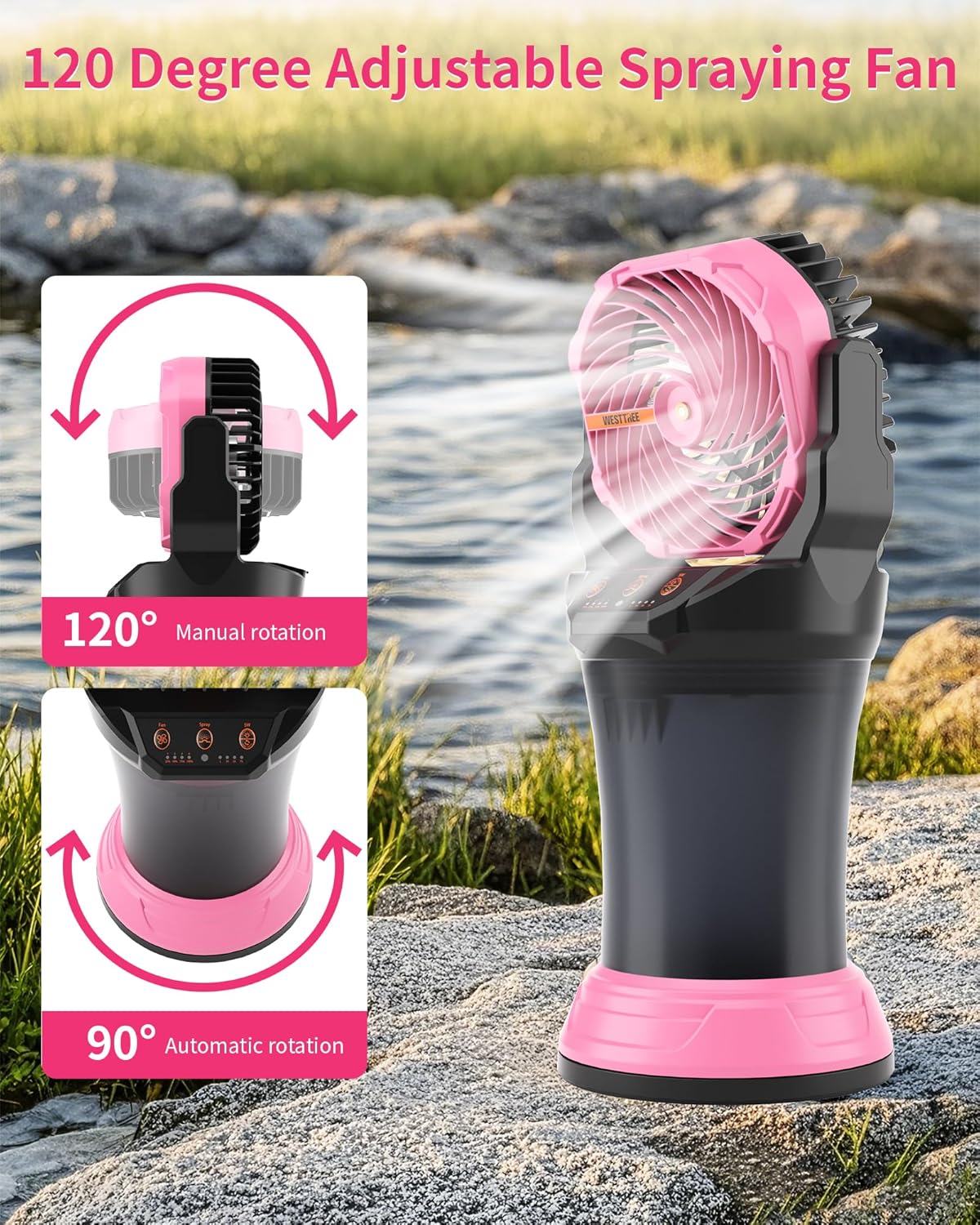 Portable Misting Fan with Large Battery Fan-Rechargeable Outdoor Misting Cooling Fans with 2L Water Tank,RGB Lights,4 Speeds & Spray Modes-for Patio, Camping, Beach, Workshop (Pink)