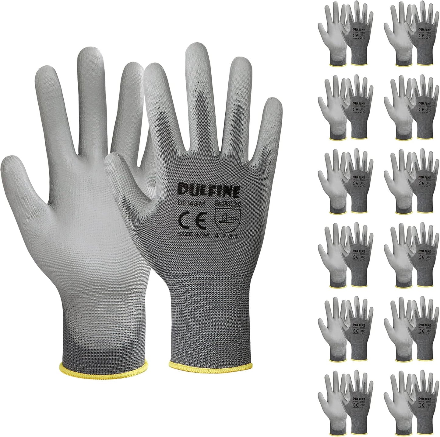 DULFINE Safety Work Gloves PU Coated-12 Pairs,Grey Seamless Knit Glove with Polyurethane Coated Smooth Grip on Palm & Fingers, for Men and Women, Ideal for General Duty Work (Extra Large)