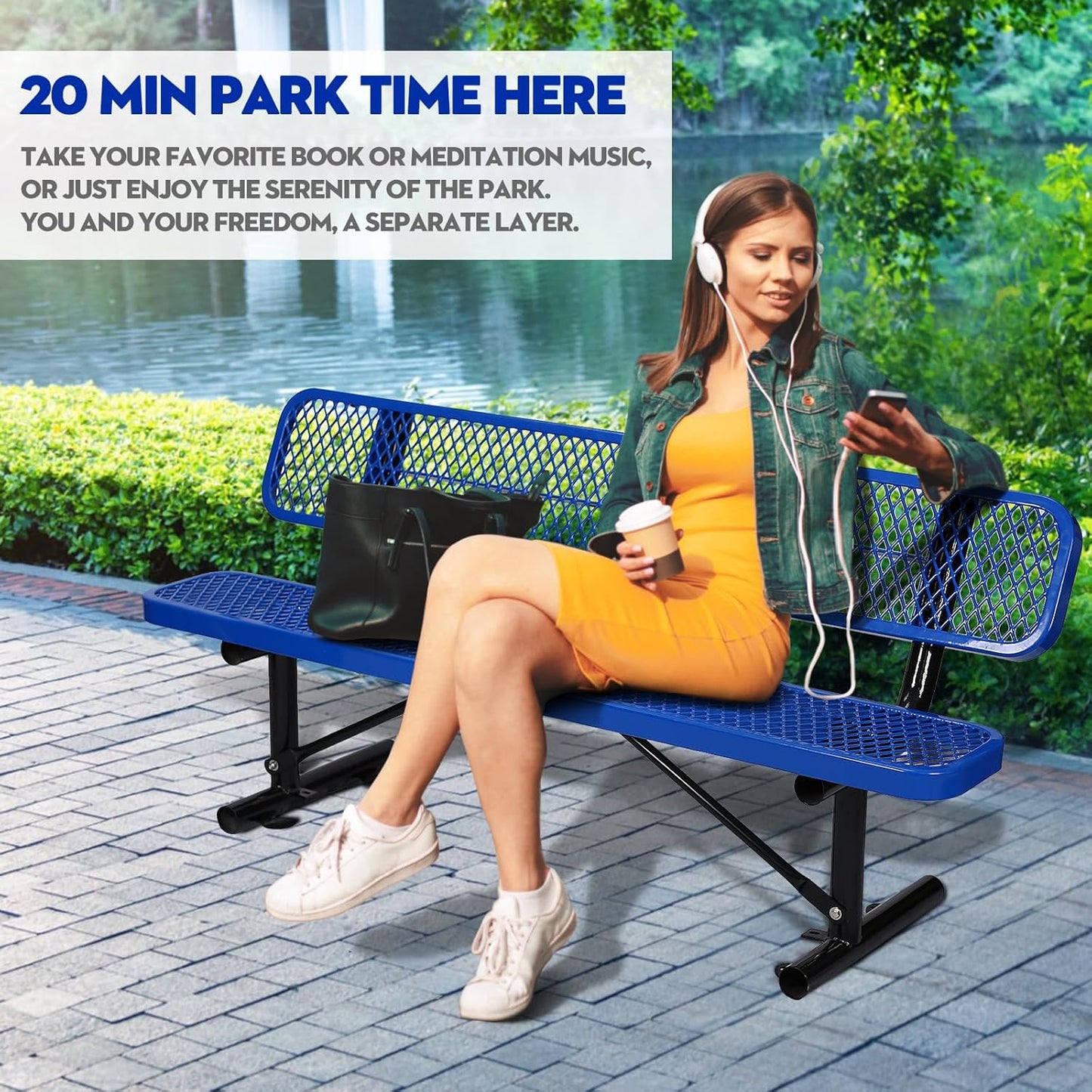 Heavy Duty Park Bench with Back Portable Frame, Outdoor Metal Park Bench with Backrest, Steel Mesh Outdoor Bench for Garden, Lawn, Patio, Porch, Park, Yard (Blue, 72.4" L x 23.2" W x 32.5" H)