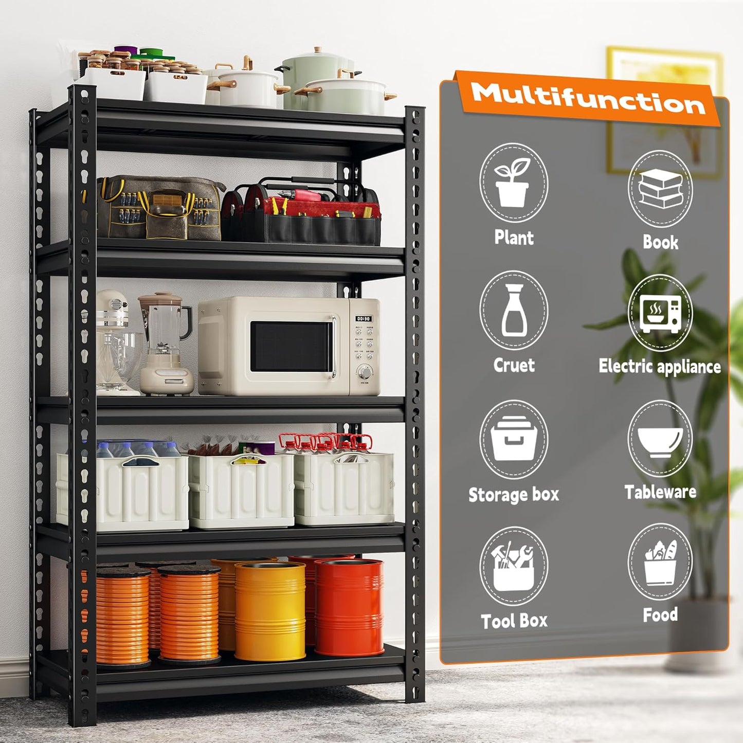 REIBII Storage Shelves, 2000LBS Garage Shelving Heavy Duty, 5 Tier Adjustable Metal Shelving for Garage, Warehouse, Pantry, Kitchen, Basement, 12" D x 27.5" W x 60" H, Black, 2Pack