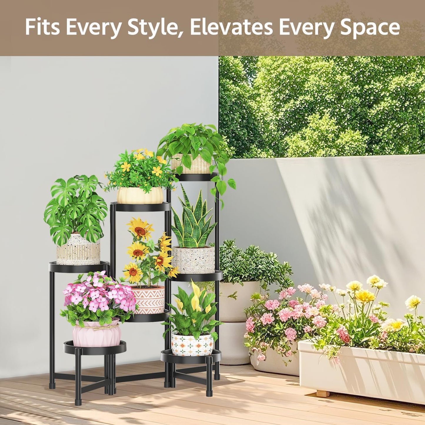 LASZOLA 7 Tiered Folding Plant Stand Indoor for Multiple Large Planter, Tall Heavy Duty Adjustable Rack with Rust Proof Plastic Shelving, Sturdy Vertical Tree Organizer for Narrow Inside Floor, Black