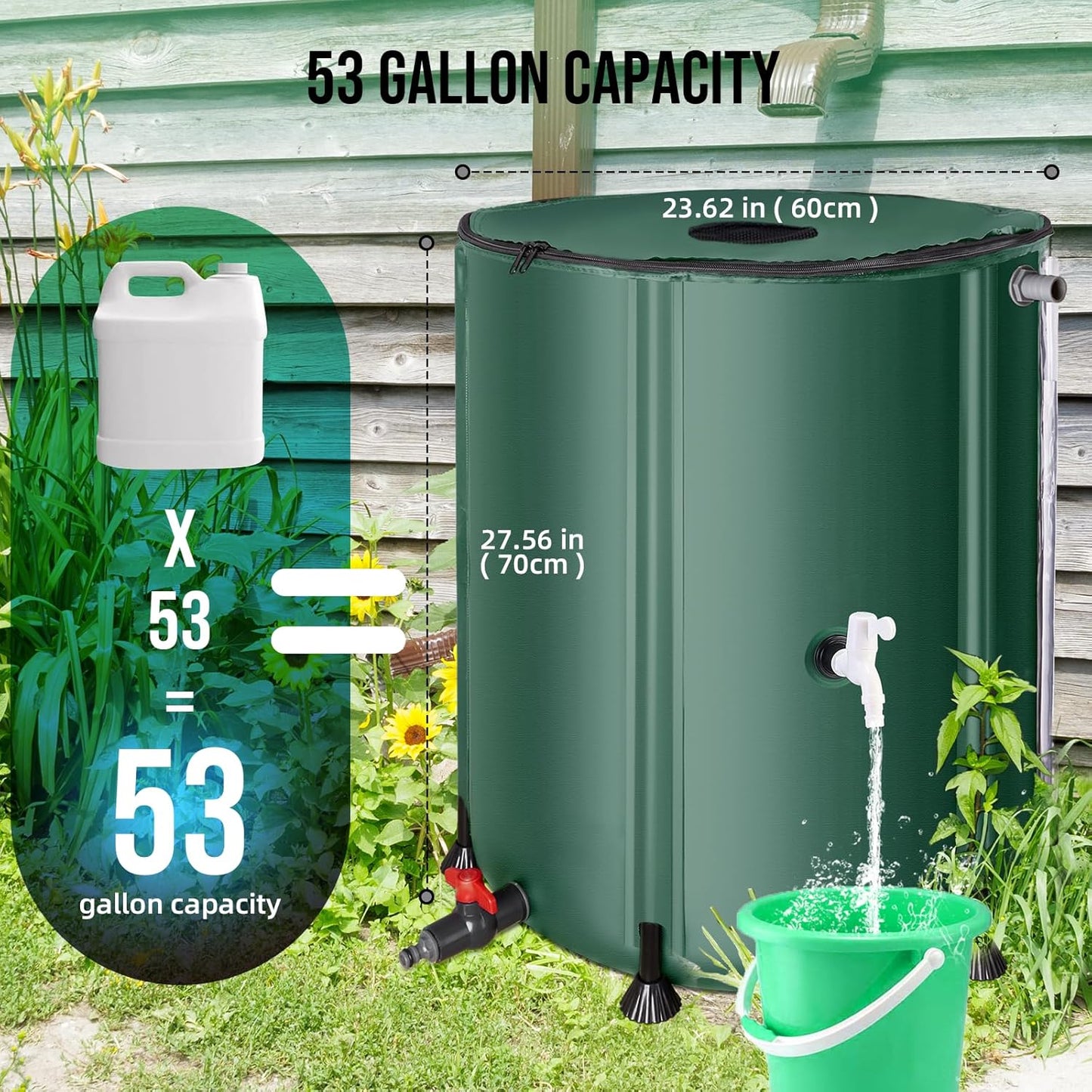 Collapsible Rain Barrel Water Collection System - 53 Gallon Portable Water Storage Tank,Foldable Rainwater Collect System Downspout, Water Catcher Container with Filter, Spigots＆Overflow Kit