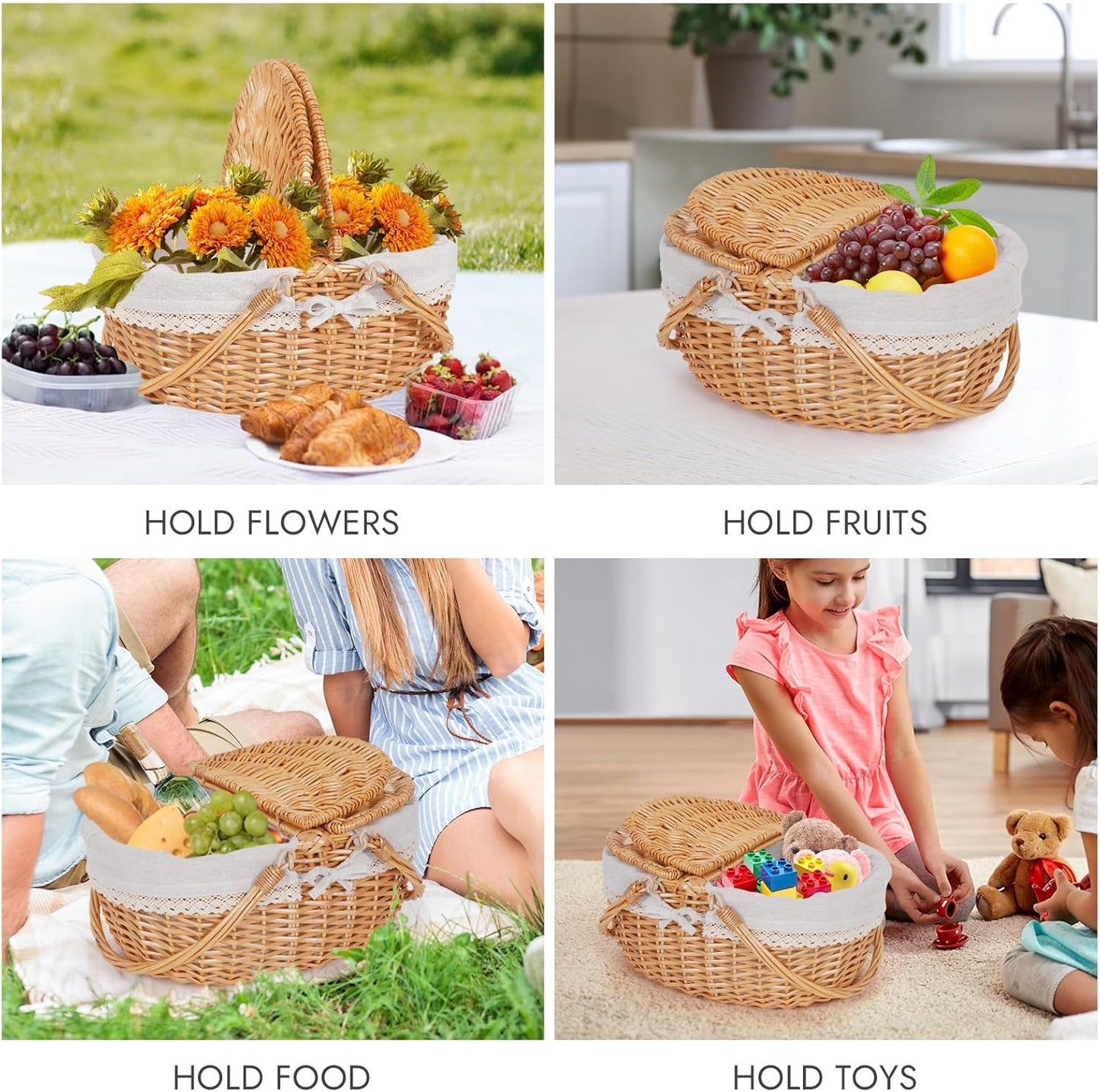 Happypicnic Wicker Picnic Basket with Handle, 15" Large Empty Picnic Basket with Lid & Removable Liner, Vintage Hand Woven Basket for Picnics, Camping, Veg Picking, Mother's Day, Thanksgiving (Solid)