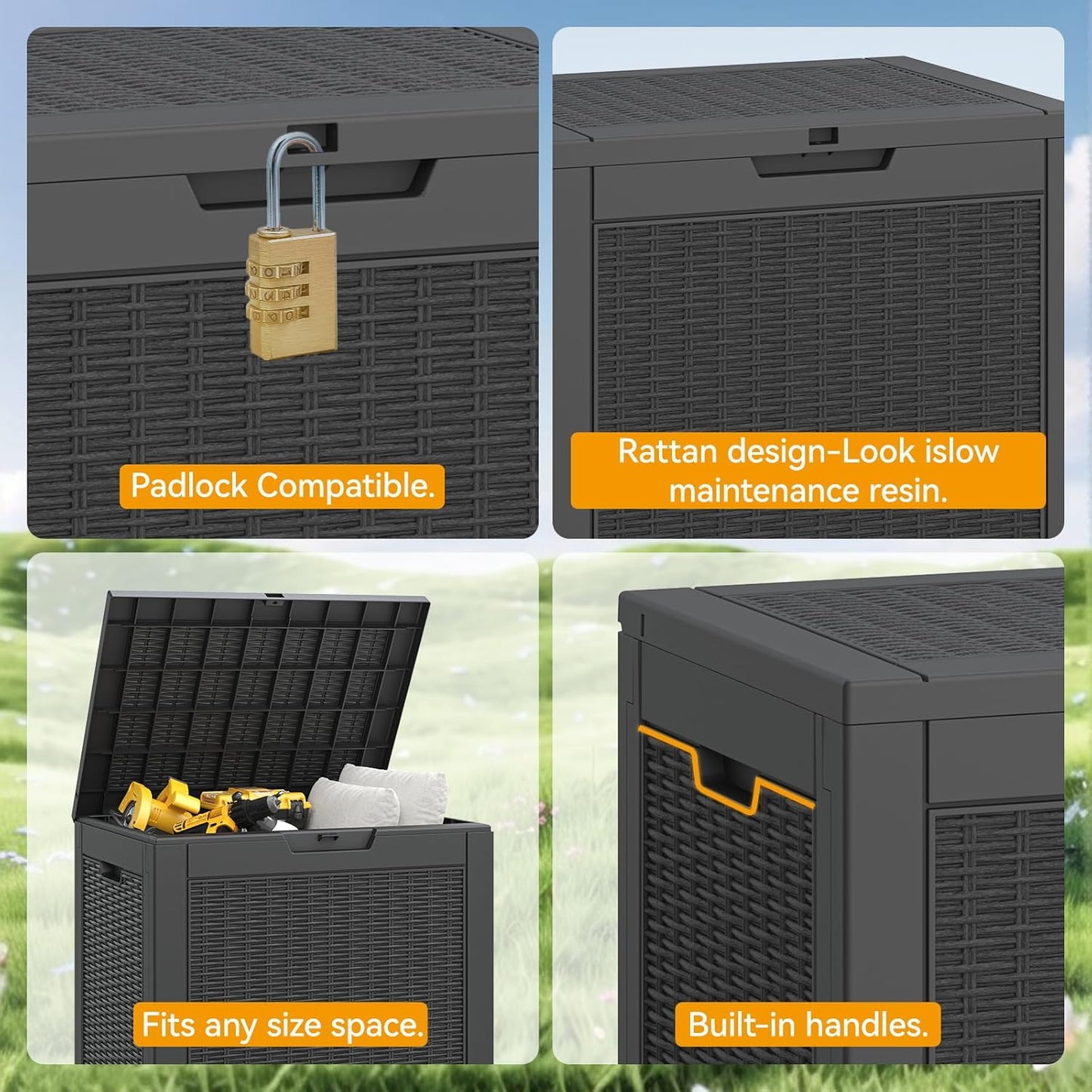 NUNU LAB 30 Gallon Waterproof Outdoor Storage Box, Lockable Resin Deck Box Bench for Patio Cushions, Garden Tools, Pool Accessories & Package Deliveries – Black