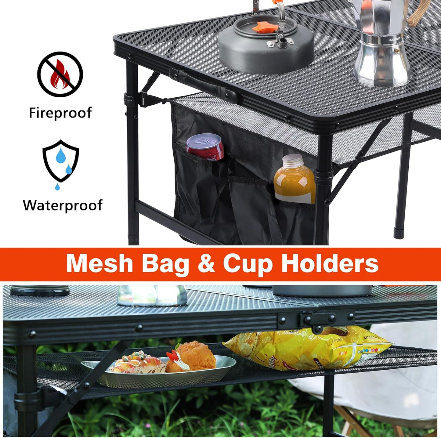 Folding Grill Table, 3x2 FT Portable Camping Table, Height Adjustable Metal Tables with Mesh Desktop and Mesh Bag, Outdoor Furniture for Camping, Picnic, Beach and BBQ, Black