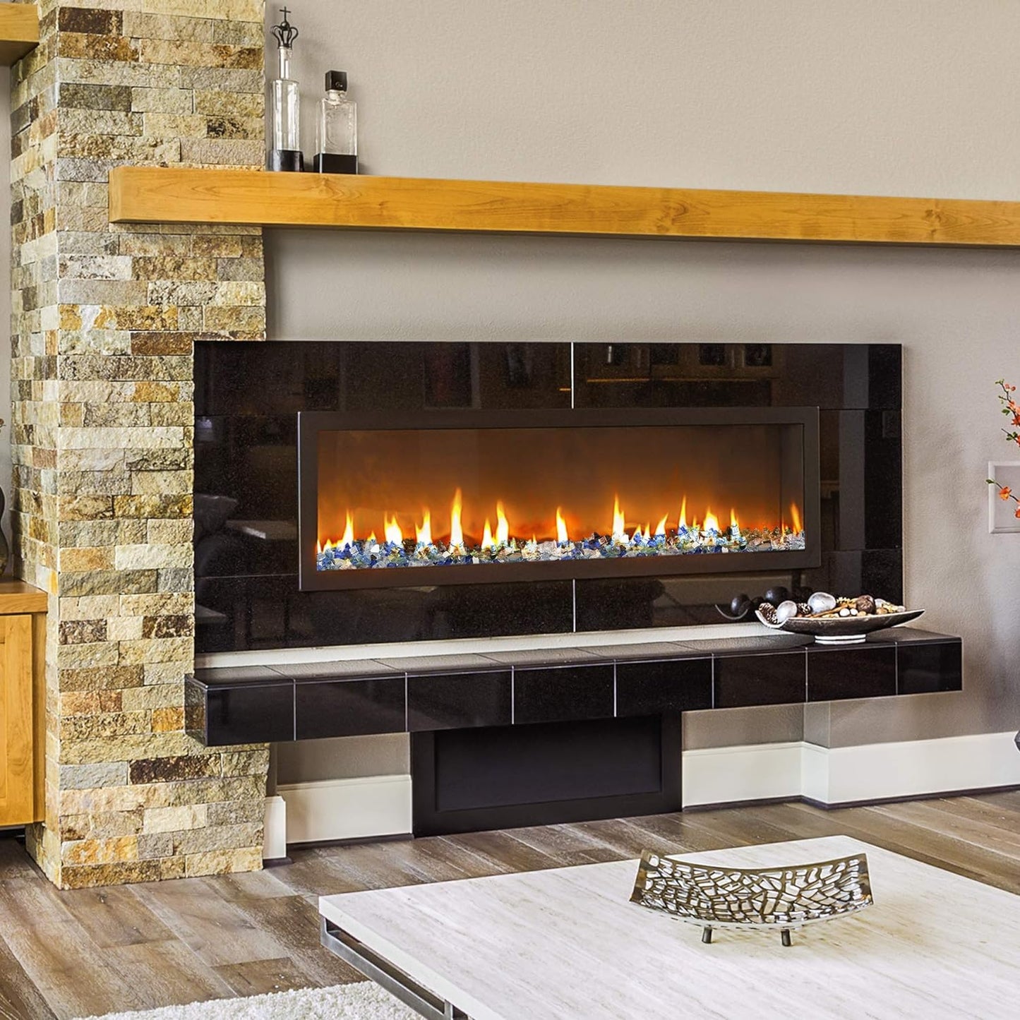 Mr. Fireglass 10 Pounds Blended Fire Glass - 1/2 Inch Mixed Colored High Luster Reflective Tempered Glass Rocks for Fireplace Fire Pit Table Fireplace and Landscaping, Aqua Blue+Cobalt Blue+Platinum