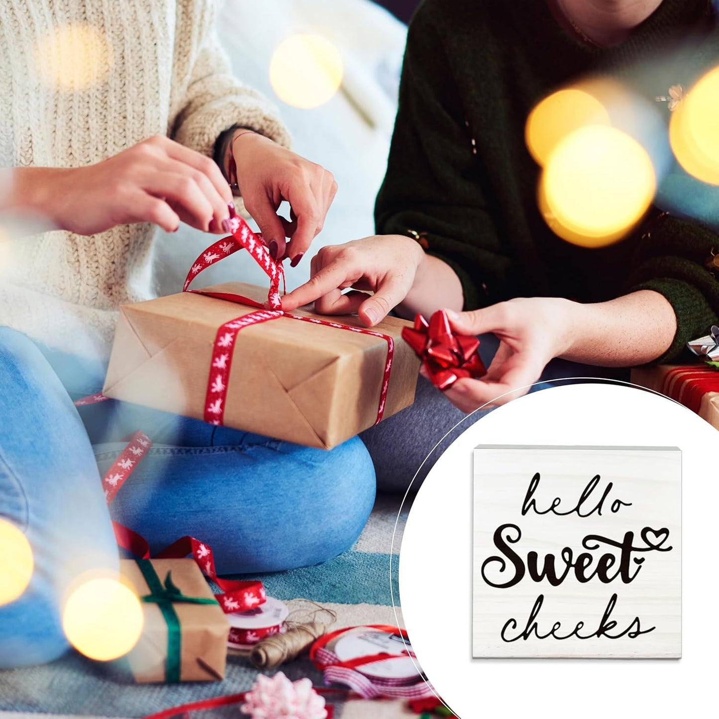 Hello Sweet Cheeks Wooden Sign - Funny White Block Plaque Desk Decoration - 5x5 inches Rustic Wood Block Gifts for Friends Family - Restroom Bathroom Toilet Tabletop Favors & Supplies-A08