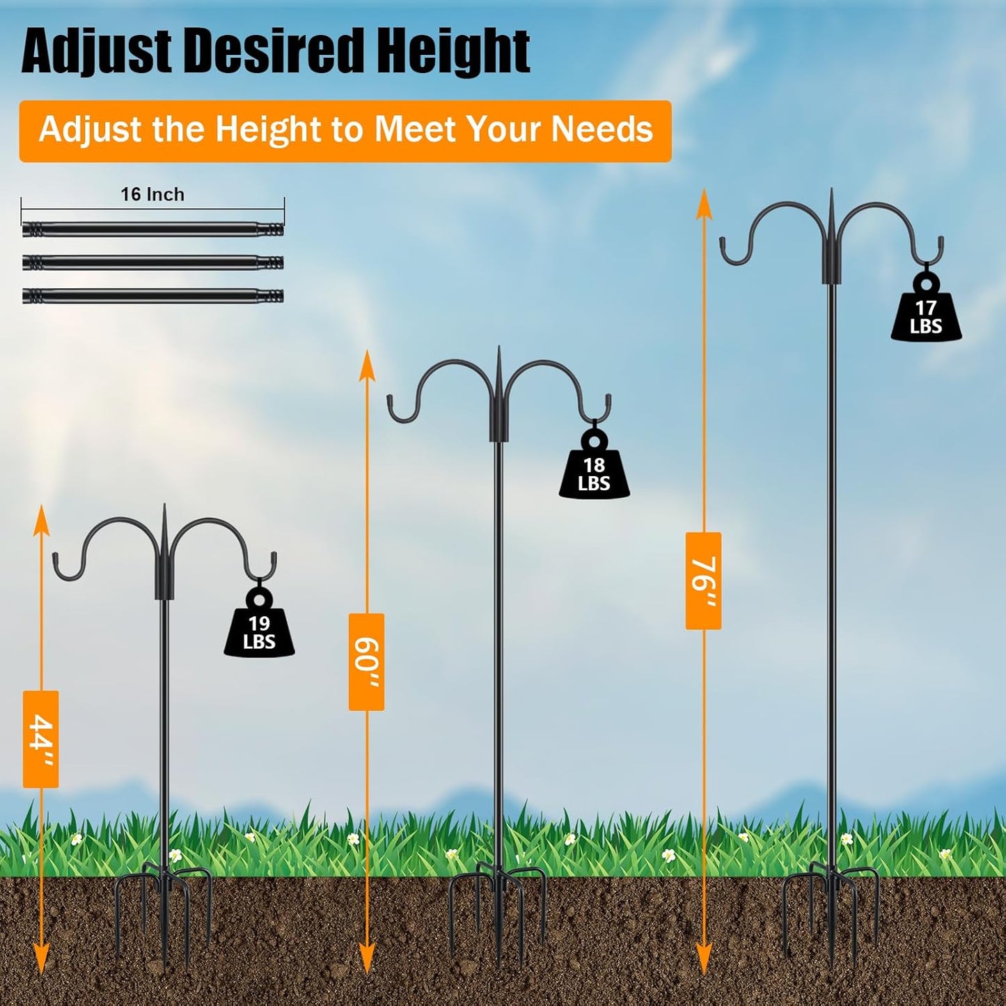 FEED GARDEN Adjustable Double Shepherds Hook for Outdoor with 5 Prong Base 76 Inch Heavy Duty Two Sided Bird Feeder Pole for Hanging Plant Baskets, Solar Light Lanterns, Wind Chimes 2 Pack
