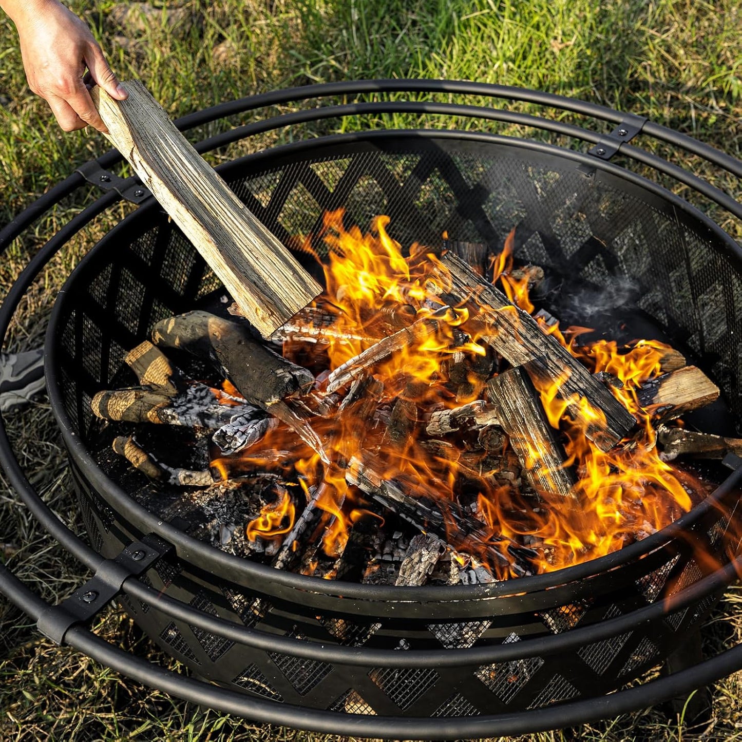 42 Inch Wood Burning Fire Pit with 2 Loops, Outdoor Fire Pit with Spark Screen & Fire Poker, Cross Weave Firepit for Outside Fireplace Bonfire for Yard,Patio, Garden