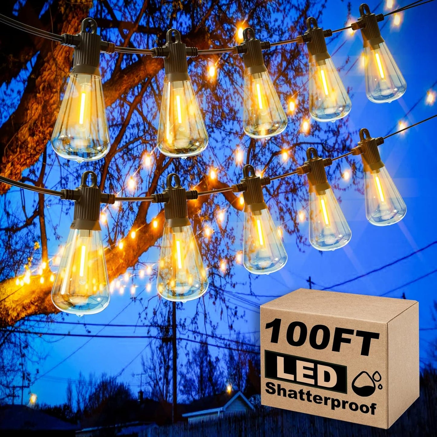 100FT Outdoor String Lights, LED Patio Lights with 50+3 ST38 Vintage Edison Shatterproof Bulbs, IP65 Weatherproof Outside Hanging Lights for Backyard Bistro Cafe Garden(50FTx2)