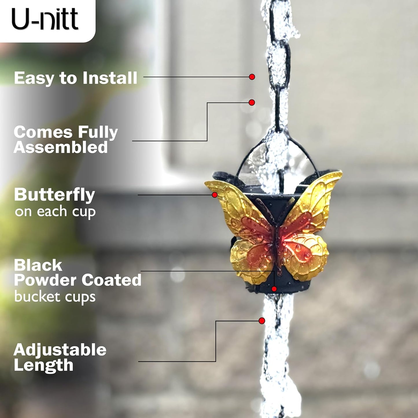 Rain Chain Water Collection for Gutters, Rainwater Catcher & Diverter, 8.5 FT Chains for Outside Garden, Butterfly Bucket Cups, Roof Downspout, Works with Heavy Rain, w/ Gutter Clip for Rainchains