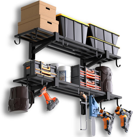 2-Pack Garage Wall Shelving, Heavy Duty Garage Storage Shelving With Hooks, Shelving Wall Mounted Holds 250 lbs Each,Black