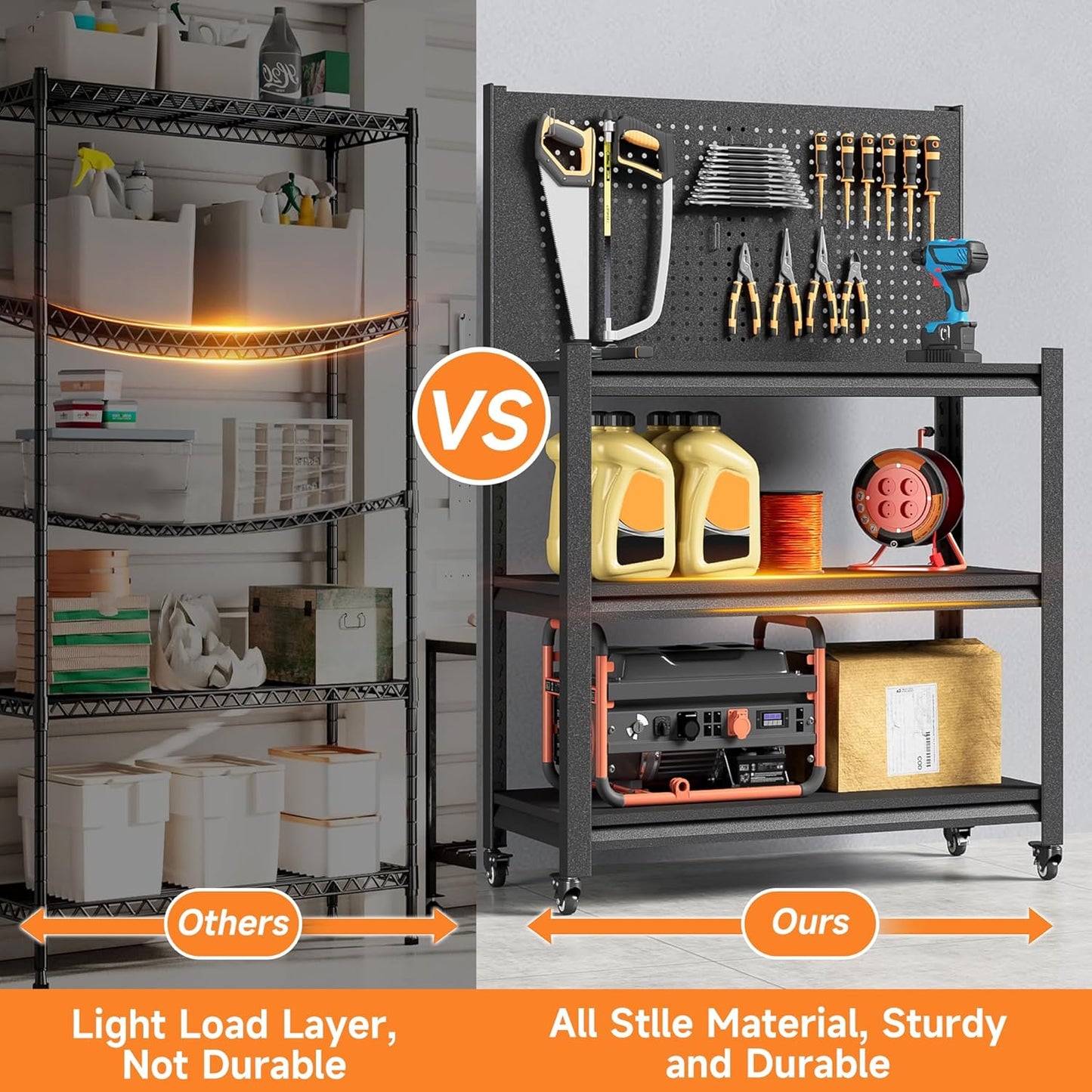 Workbench with Pegboard, Adjustable Heavy Duty Work Table with Wheels, Heavy Duty Workstation, Metal Tool Work Bench for Garage Warehouse Workshop, 48" H x 18" D x 34" W, Black