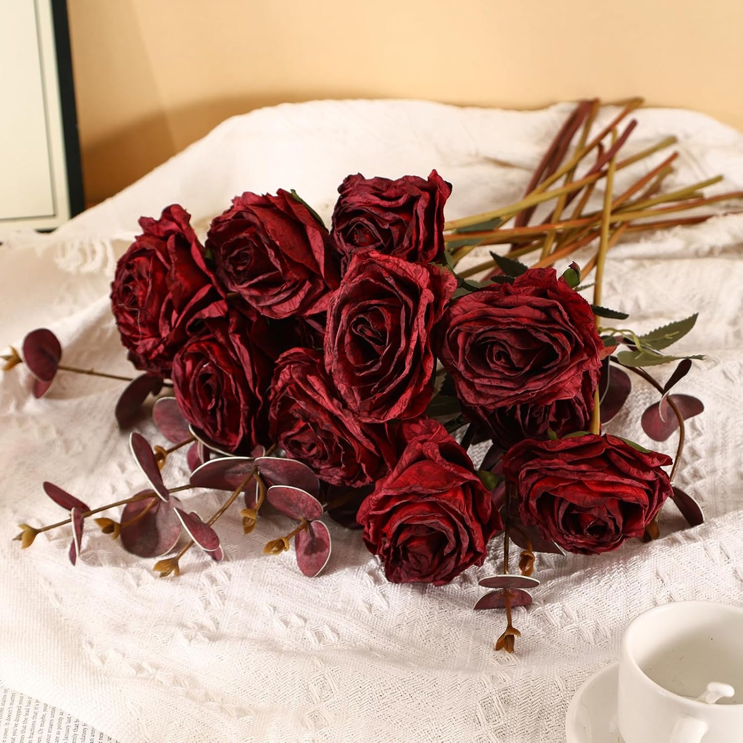 Kimura's Cabin 12pcs Fall Faux Roses Flowers with Stem Vintage Artificial Silk Rose Bouquet Realistic Fake Roses Dried Flower for Valentines Home Centerpiece Wedding Party DIY Decoration (Dark Red)