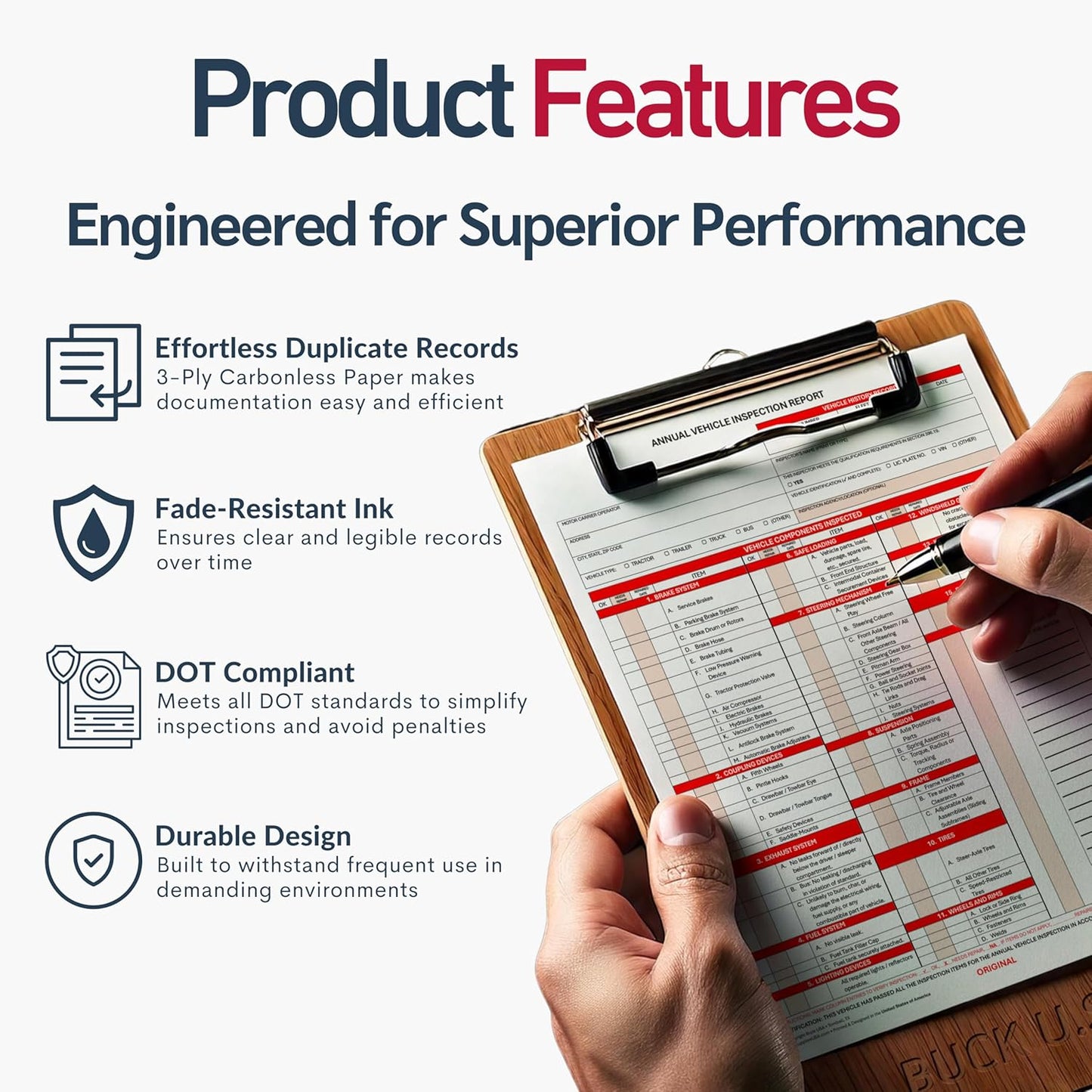 50 Pack 3-Ply Carbonless Annual Vehicle Inspection Report Forms with FMCSA Red Aluminum Labels & White Mylar Laminate Vinyl Labels, DOT Inspection Forms and Stickers, Shrink-Wrapped, 8.5" x 11.75"
