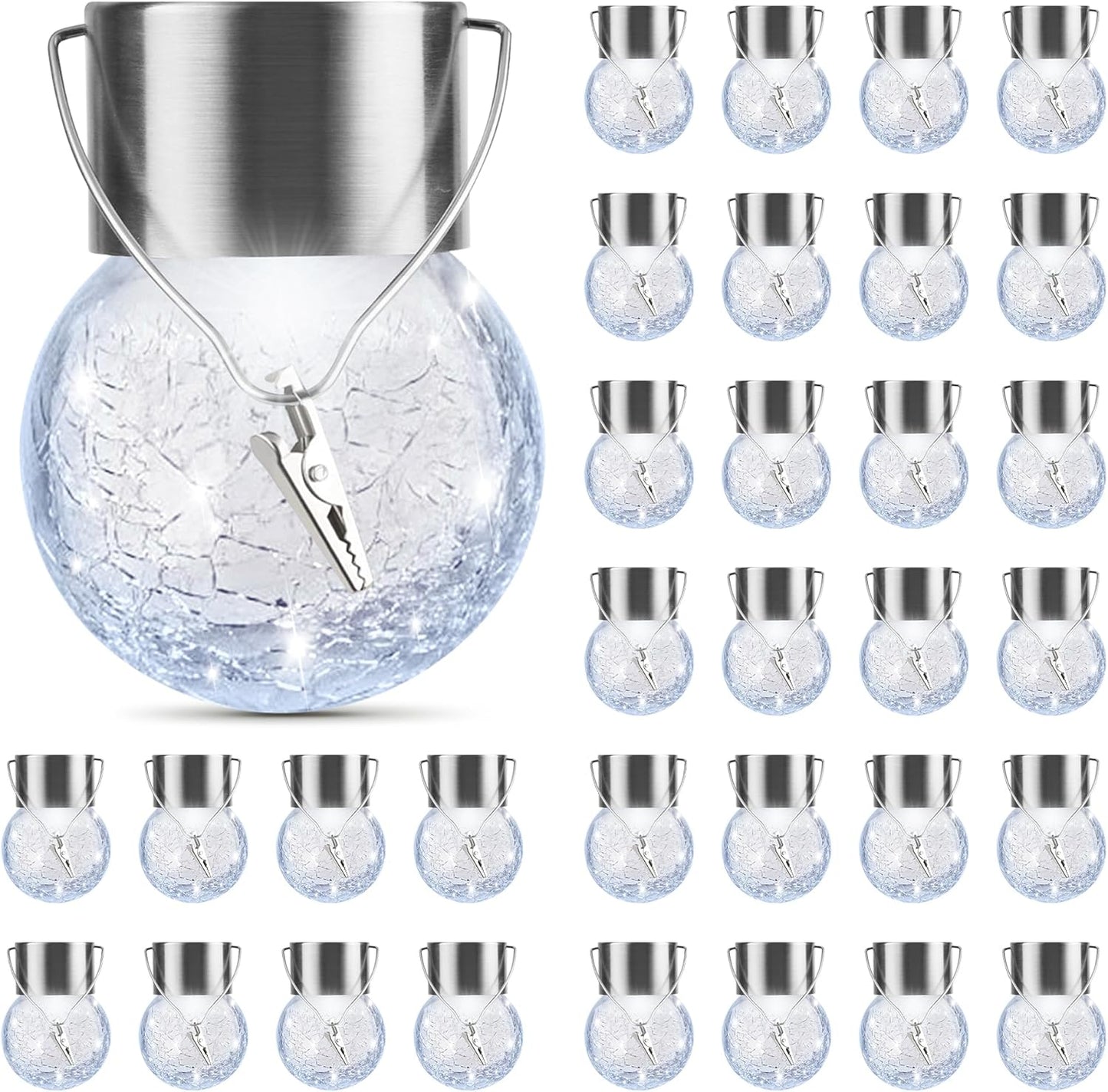 PARTPHONER 32 Pack Hanging Solar Lights Outdoor, Waterproof Solar Globe Lantern with Handle and Clip, Decorative Cracked Glass Ball Lights for Christmas Decor, Tree, Yard, Garden, Patio (Cold White)