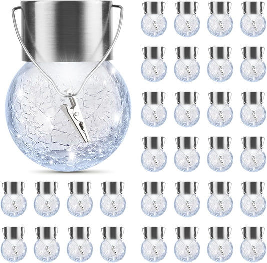 PARTPHONER 32 Pack Hanging Solar Lights Outdoor, Waterproof Solar Globe Lantern with Handle and Clip, Decorative Cracked Glass Ball Lights for Christmas Decor, Tree, Yard, Garden, Patio (Cold White)