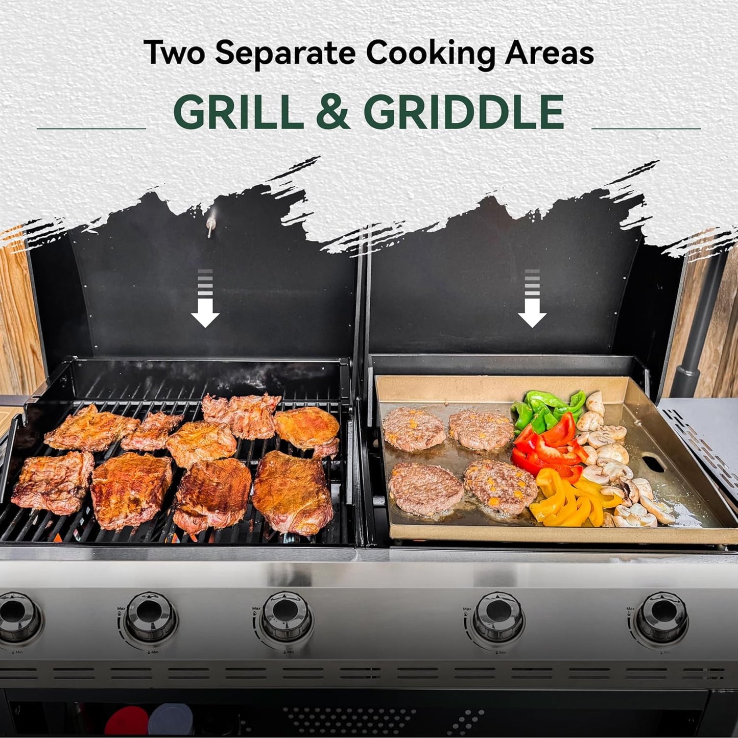 5 Burner Griddle Grill Combo, 2 in 1 Propane Gas BBQ Grill with Porcelain-Enameled Cast Iron Grates & Pan, Outdoor Flat Top Griddle, 695 Sq. In. Propane Barbecue Grill for Patio Backyard Balcony