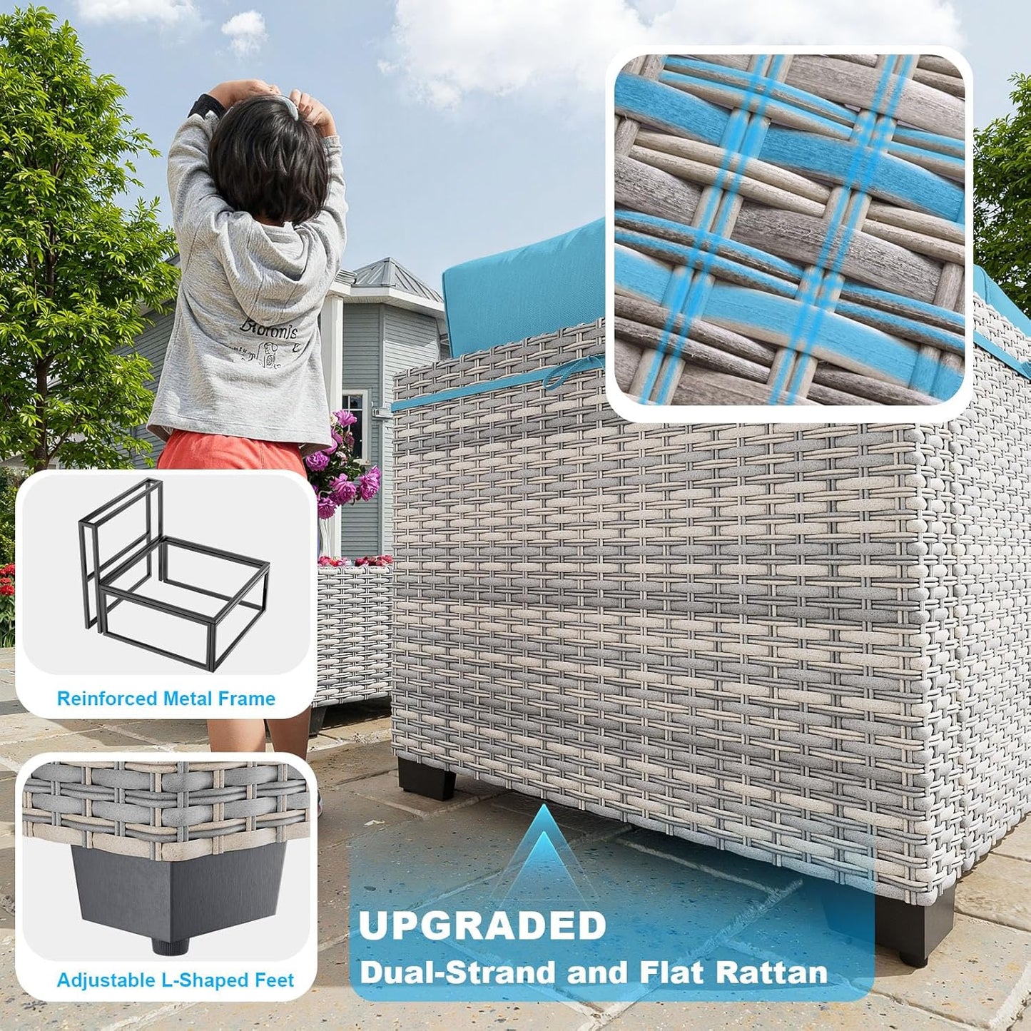 10-Piece Patio Furniture Set, Outdoor Patio Furniture with Swivel Chairs Set, Thick Cushions, Modular Patio Sofa, Dual-Strand Wicker Rattan, Rust-Resistant Frame, Lake Blue