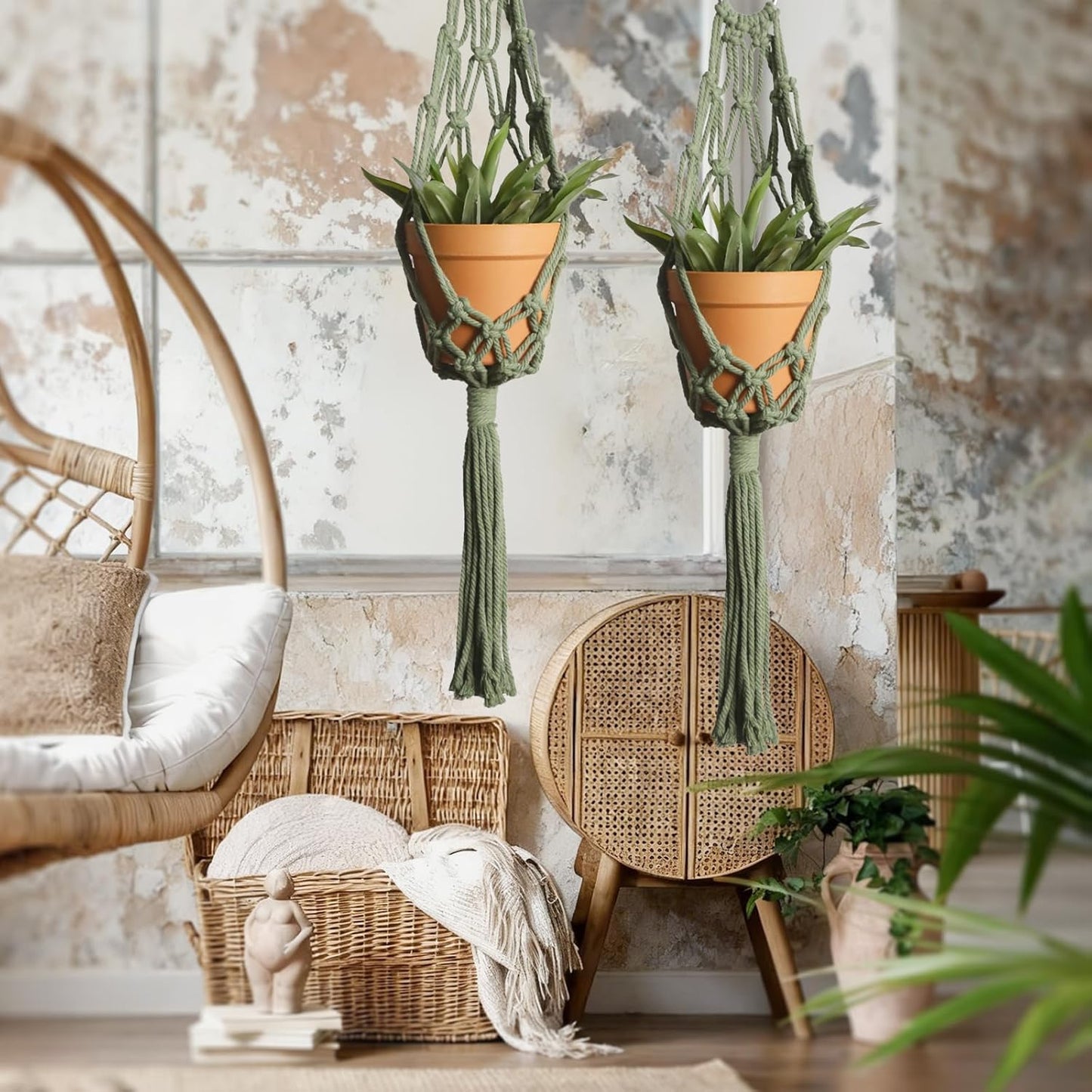 Artilady Macrame Hanging Planter for Indoor Plants, Boho Woven Plant Hanger Large Hanging Flower Pot Holders Outdoor Baskets Storage Green Wall Decor