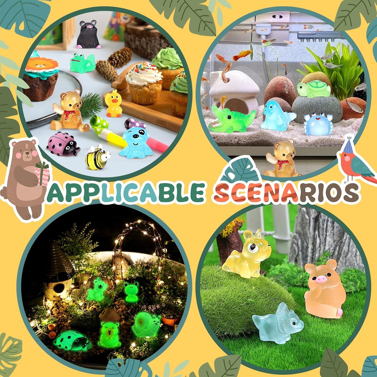 Luminous Mini Resin Animals 100 Pcs Glow in The Dark Resin Animals 100 Styles Miniature Fairy Garden Mini Ducks Figurines Slime Charm for Accessories Landscape Aquarium Potted Decoration