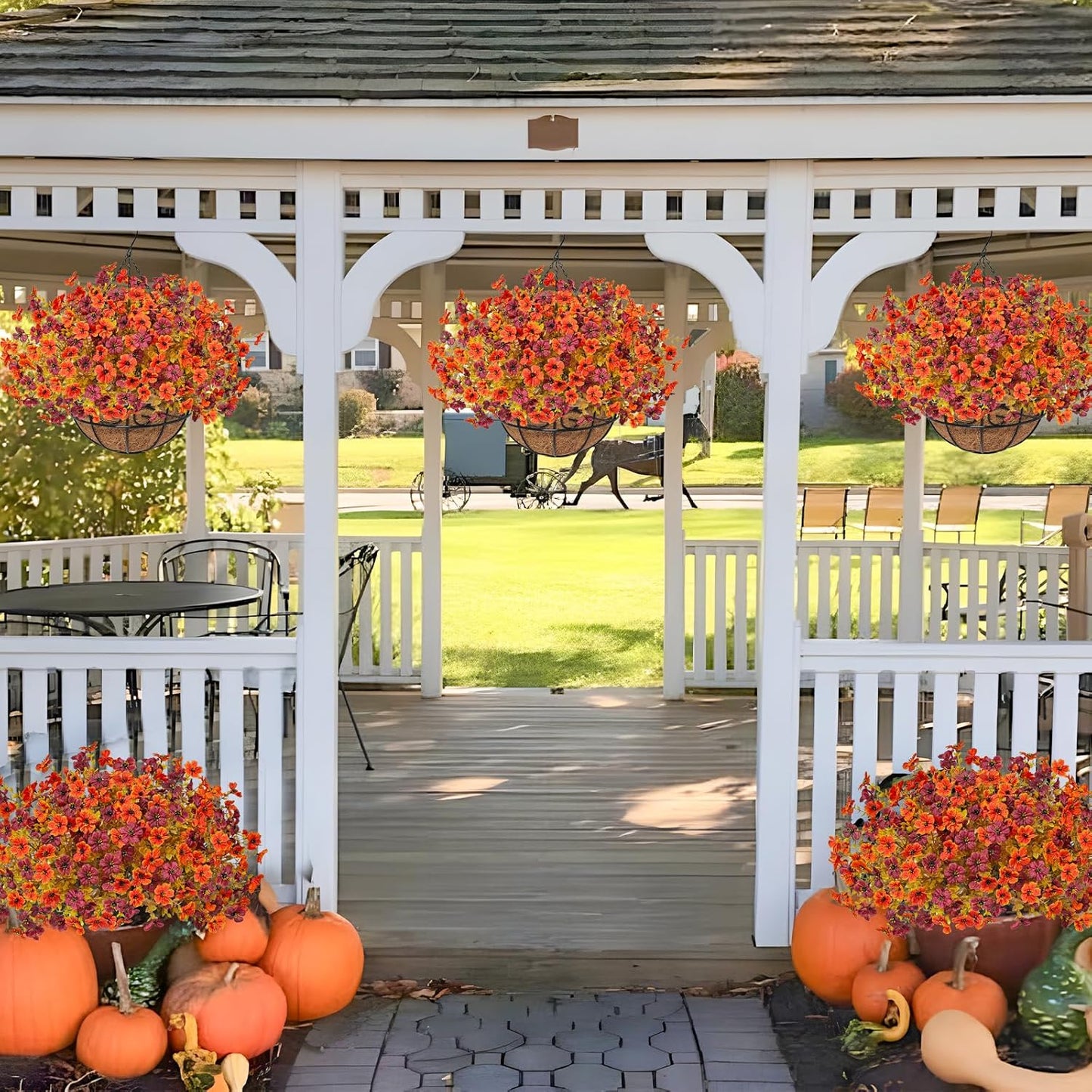 2 Pack Fall Artificial Hanging Flowers Baskets for Outdoors, UV Resistant Fake Fall Hanging Plants, Faux Orange Flowers for Autumn Patio Front Porch Balcony Decor (Orange Red)