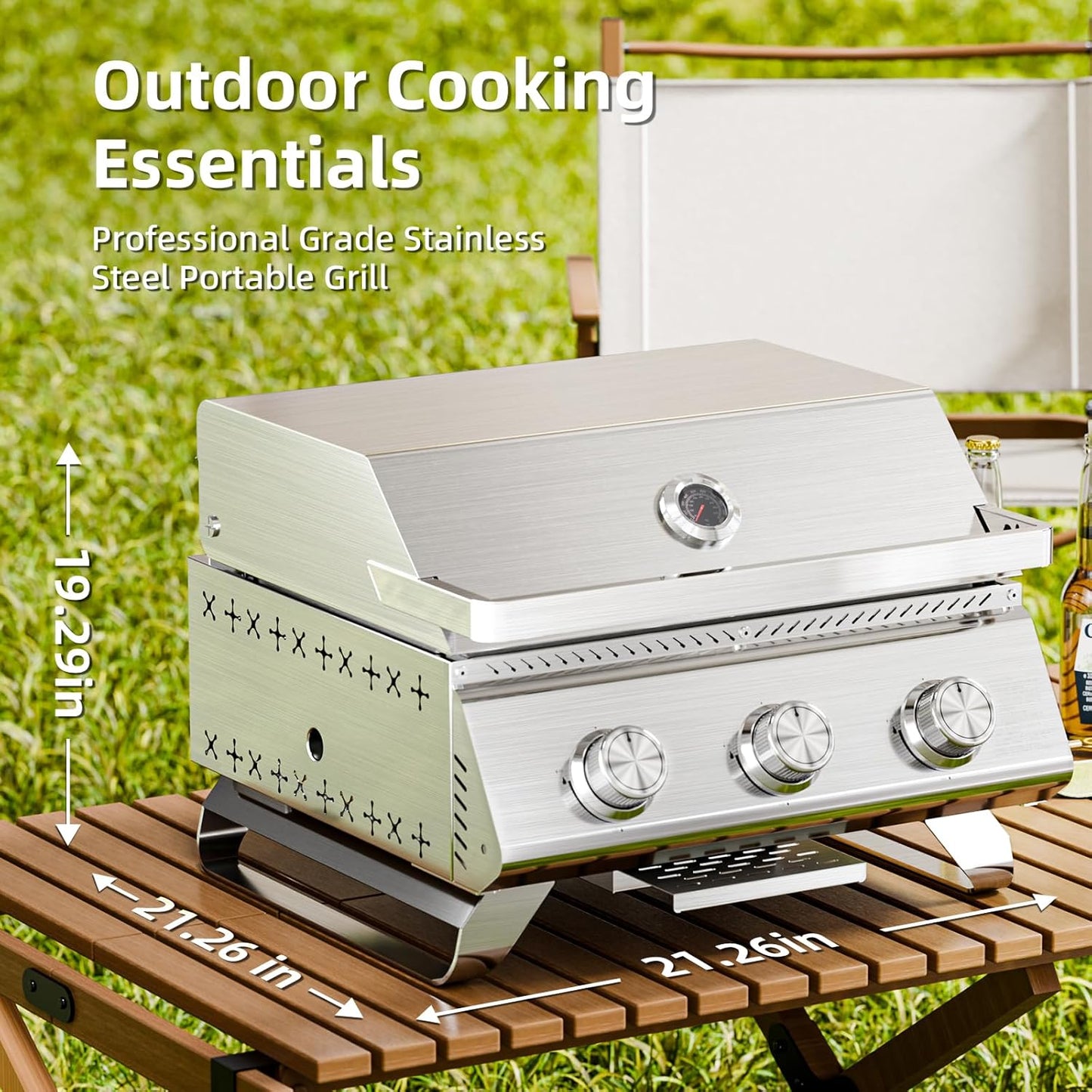 3-Burner 24,000 BTU Portable Flat Top Propane Gas Grill, Heavy-Duty Stainless Steel 2-in-1 Tabletop Grill and Griddle Combo for Commercial BBQ, Outdoor Cooking, Camping,Tailgates & Backyard