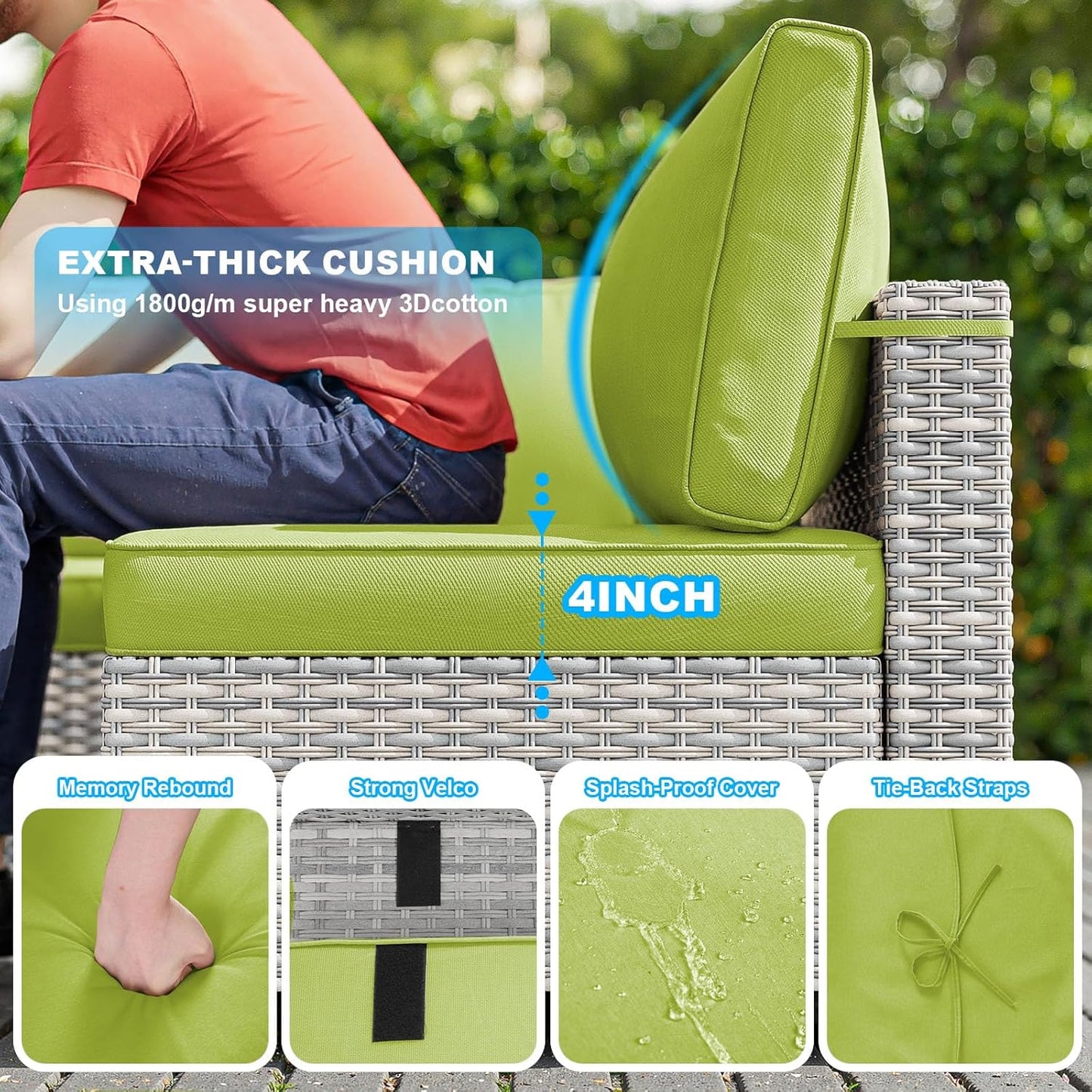 10-Piece Patio Furniture Set, Outdoor Patio Furniture with Swivel Chairs Set, Thick Cushions, Modular Patio Sofa, Dual-Strand Rattan, Rust-Resistant Frame, Grass Green