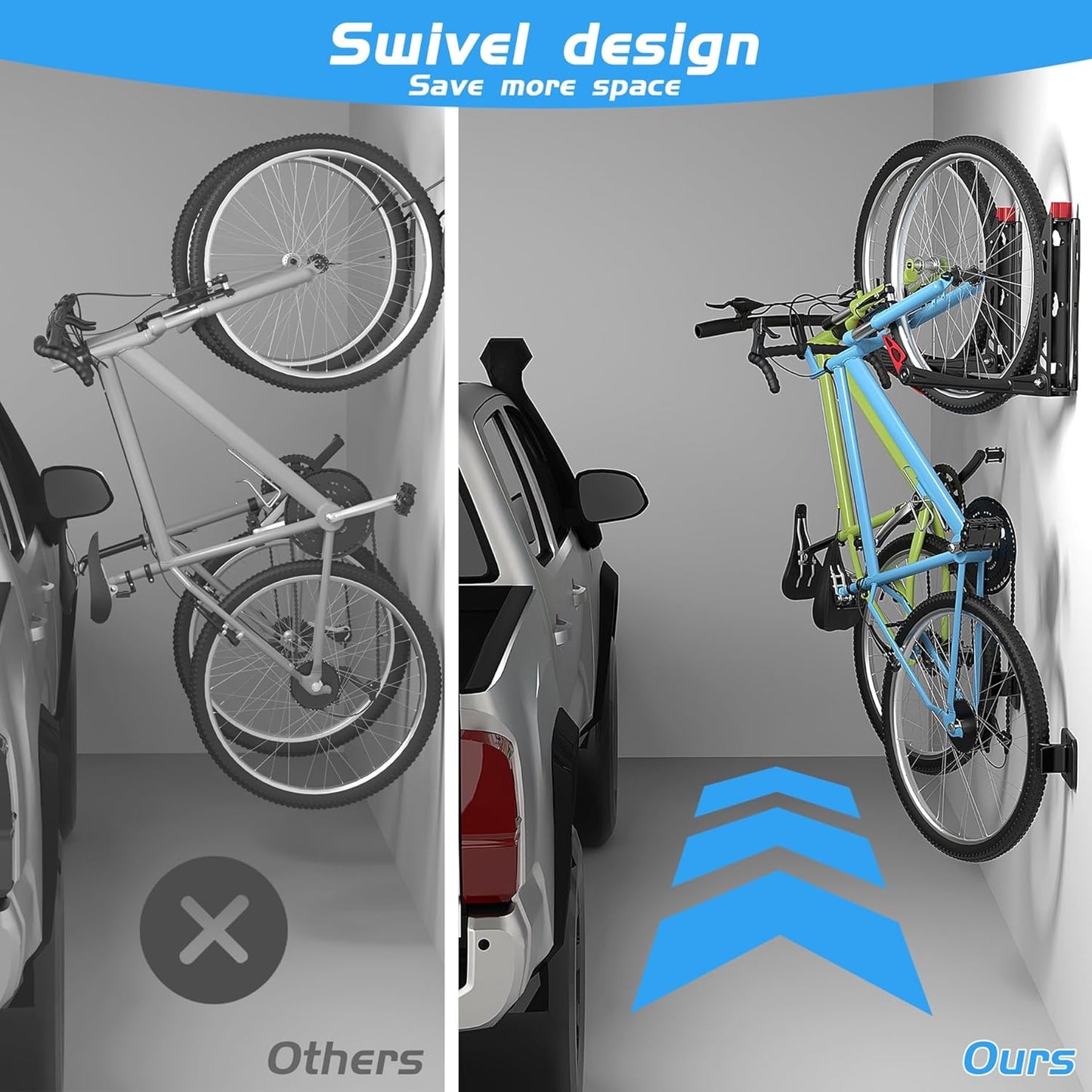 WALMANN BIKEPAL No Lifting Wall Mount Swivel Bike Rack, Vertical Bike Wall Hangers for Garage Space Saving Bike Storage Solution(2 Pack)