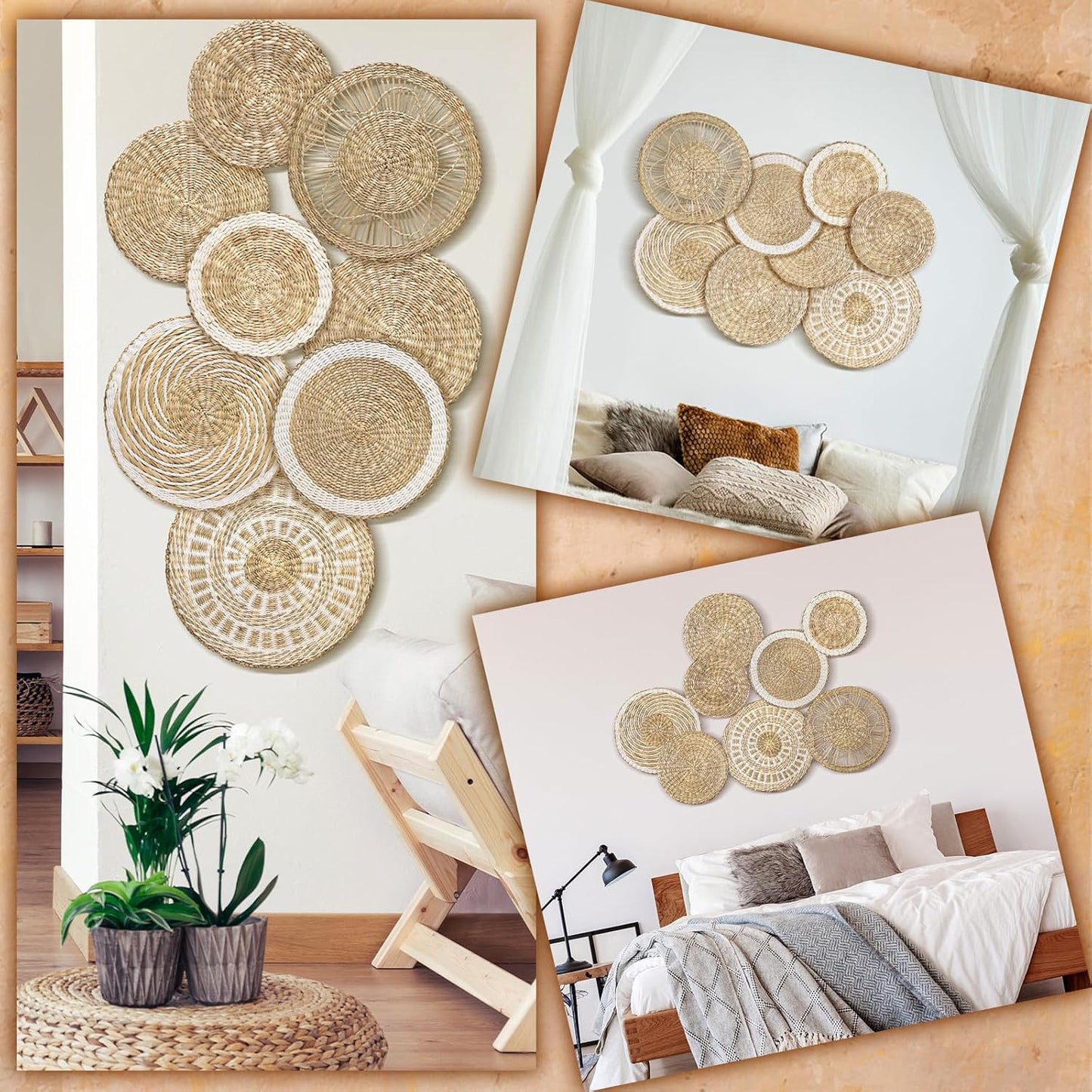 Xuhal Set of 8 Hanging Woven Wall Basket Handmade Decorative Rustic Boho Basket Decor Handcrafted Wicker Round Seagrass Wall Art for Home Kitchen Farmhouse Table Living Room