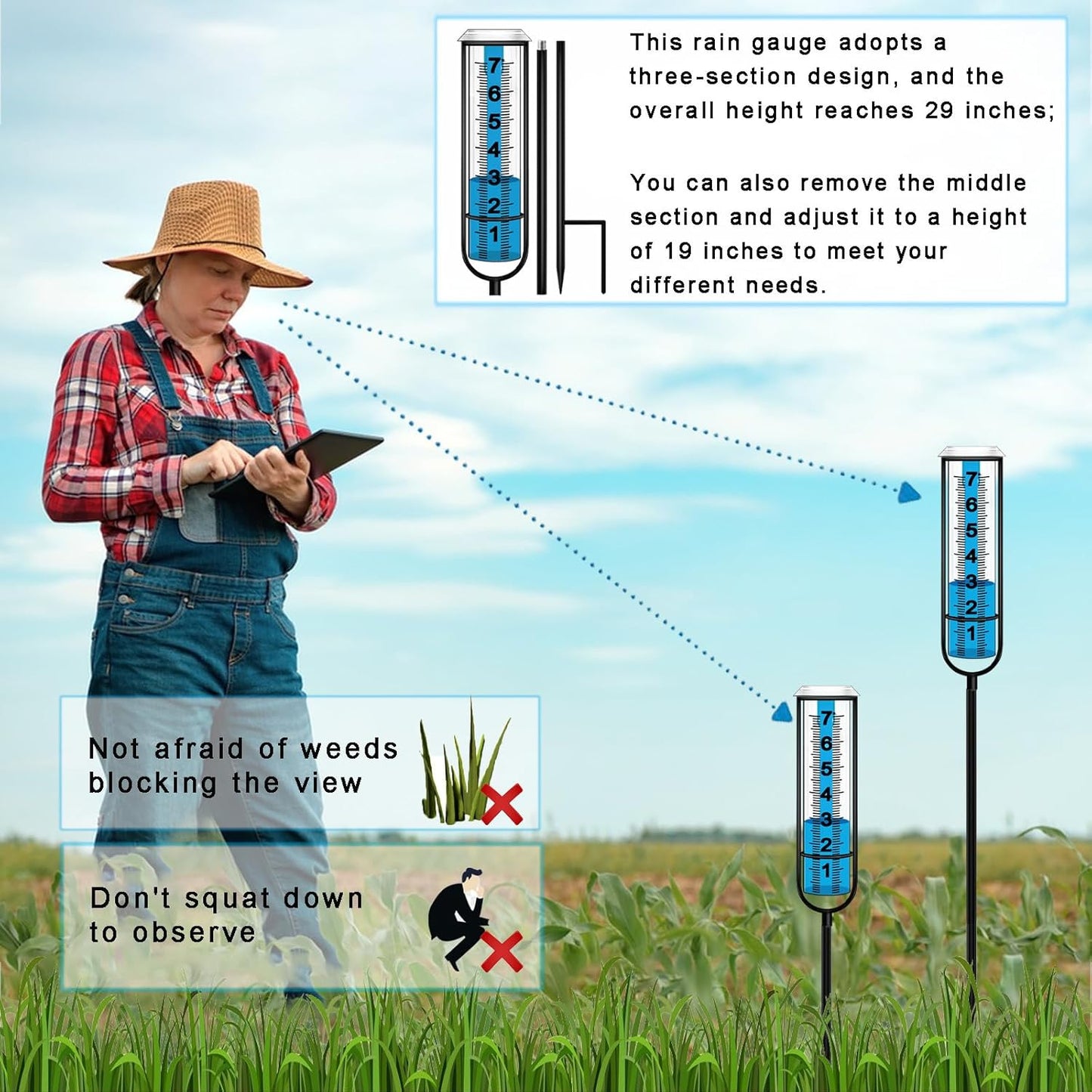 JMBay Rain Gauge Outdoor, Accurate rain gauges Outdoors Best Rated, Tall rain Gauge for Yard with Stake, Decorative rain Measure Gauge for Garden, Deck, Lawn with Large Numbers, Adjustable Height