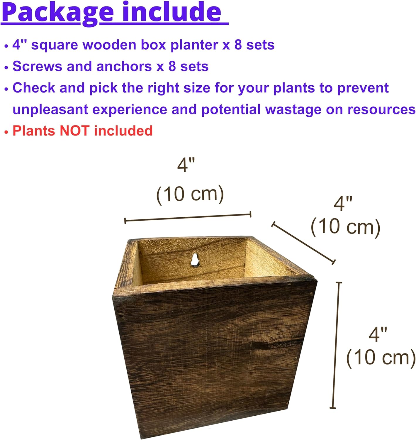 LaLaGreen Wood Planter Boxes for Plants (4x4 Inch, 8 Pack) Small Square Wall Mounted Planters for Indoor Plant, Herb Wooden Box Hanging Flower Pot Plant Holder Outdoor Fence Vertical Garden Home Decor