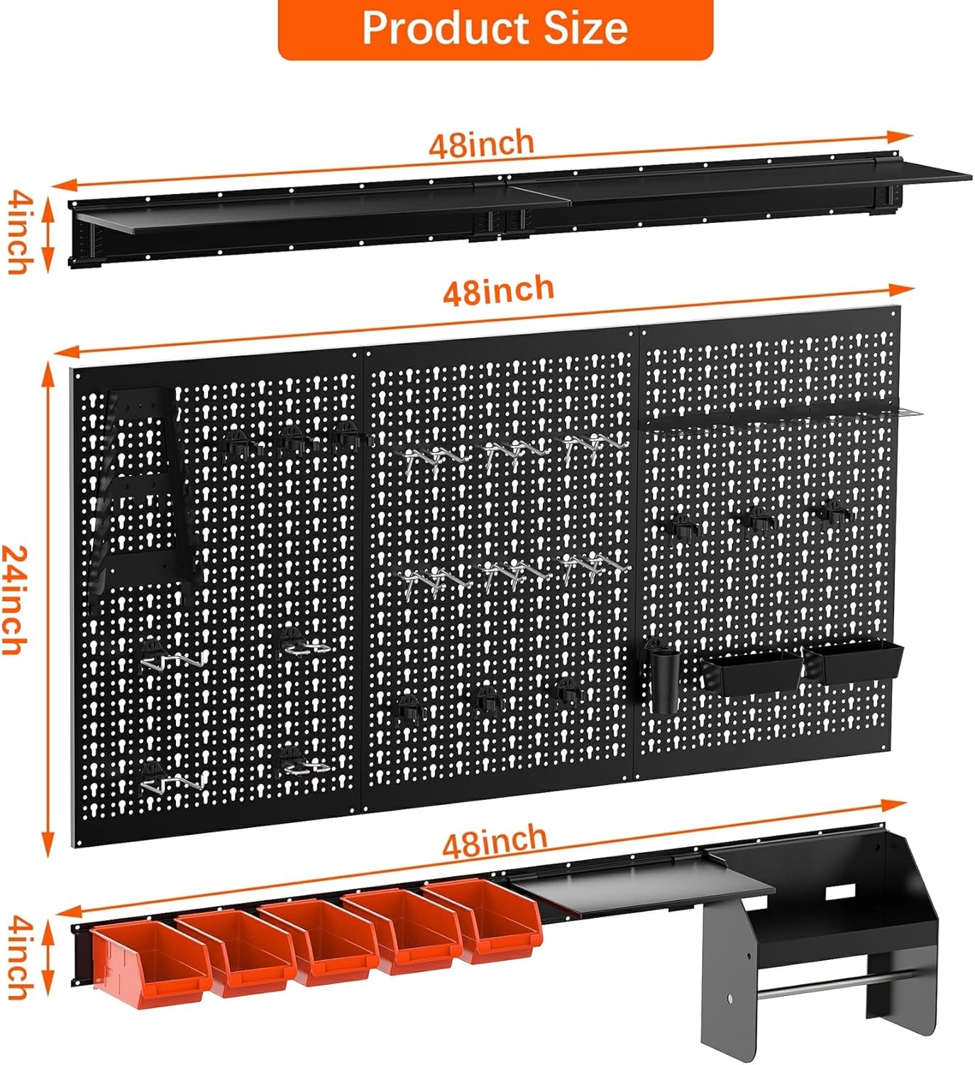 TORACK Metal Pegboard Wall Organizer 4ft Wide, Tool Storage Pegboard System for Garage with Accessories, Wall Mount Storage Bins, Shelves, Peg board Tool Organizer Kit for Workbench(Black)