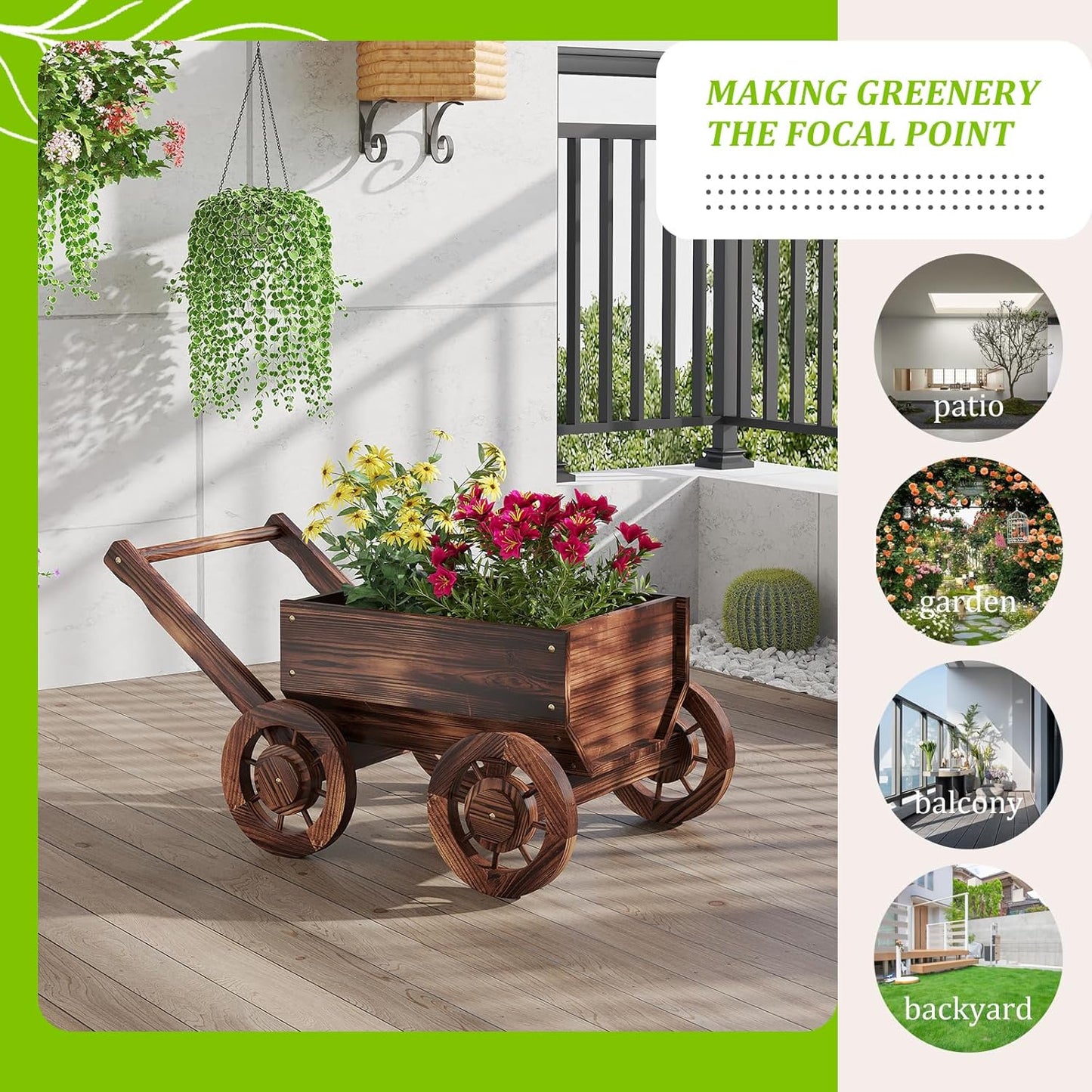 Wooden Flower Cart with Wheels Wooden Wagon Planter Outdoor Garden Planter Decor Planter for Patio Balcony Trolley Decoration Succulent Flower Pot, Indoor Backyard Balcon Decor.（S）