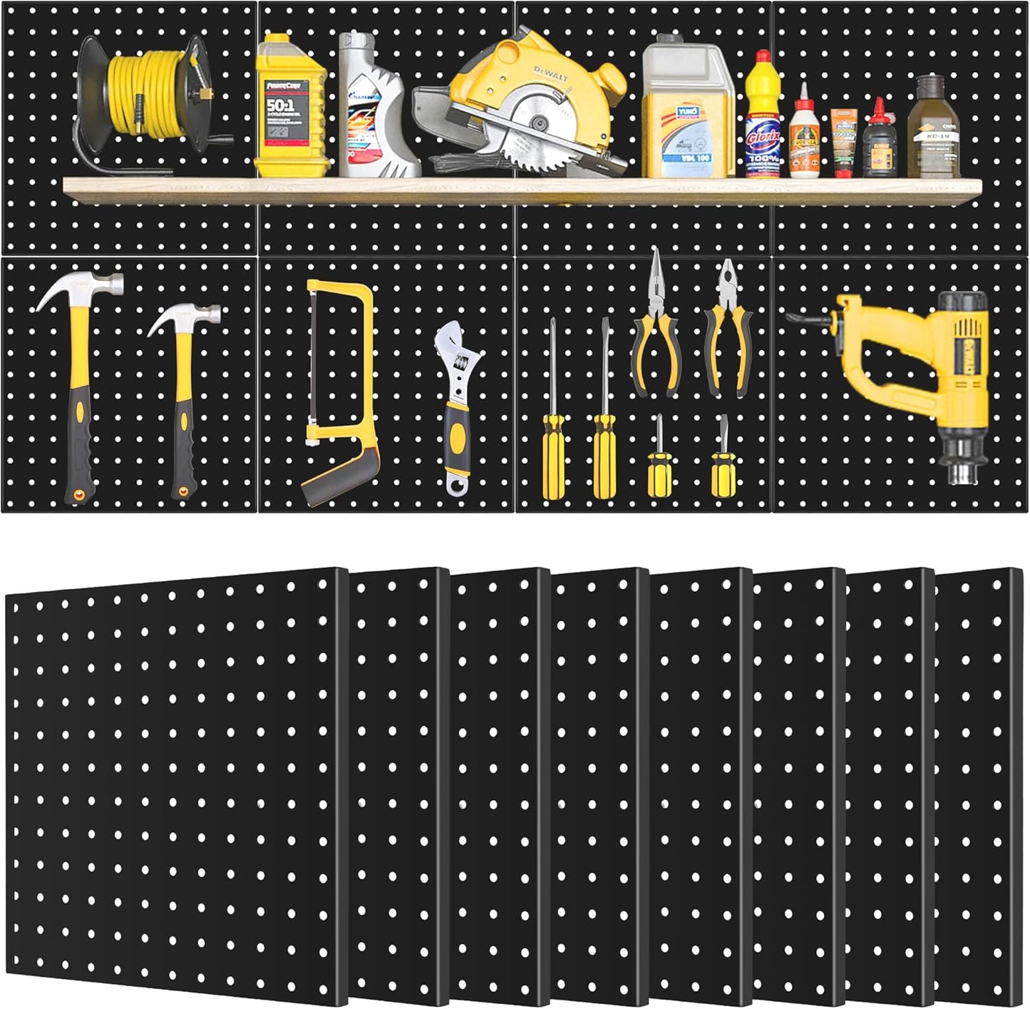 Pegboard Panels 8 Packs Metal Black, Heavy Duty Steel Peg Boards Wall Tool Organizer with Screw for Garage, Tool Storage, Office Organization, Craft Room, Kitchen
