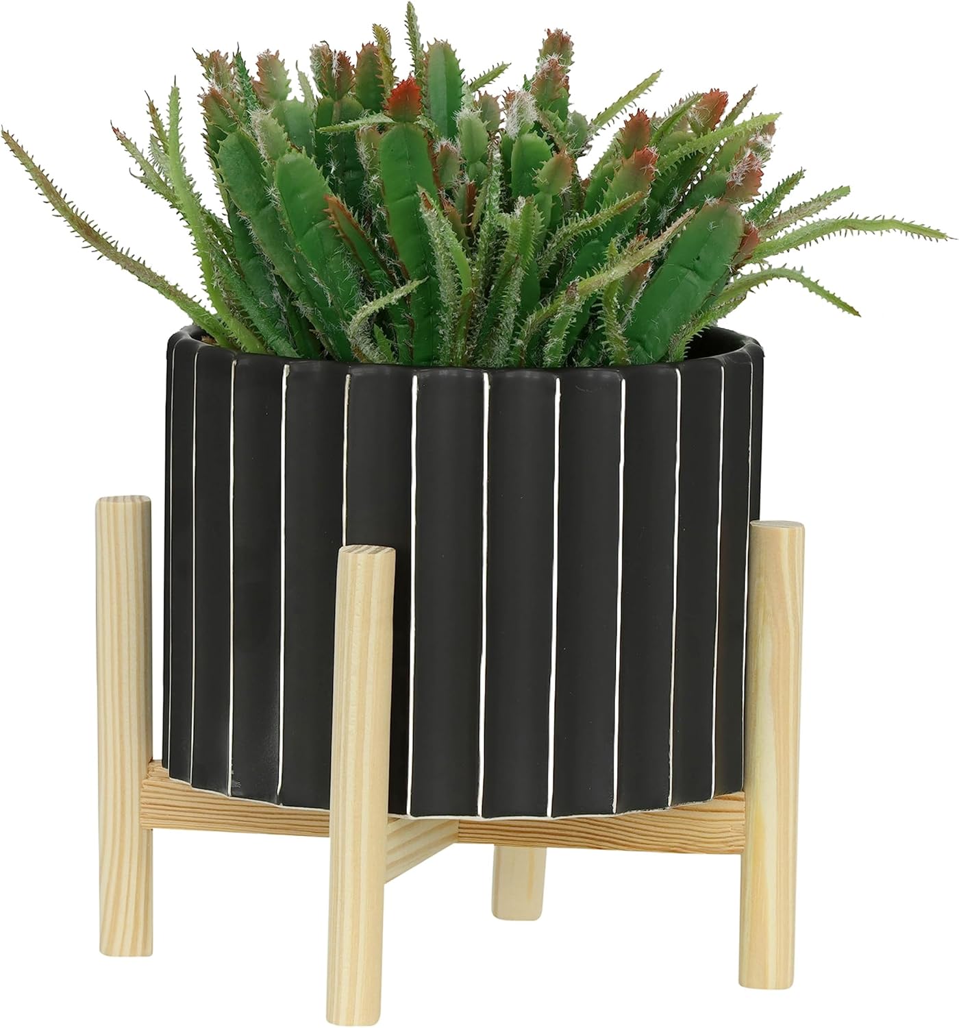 Ceramic Planter with Pine Wood Stand – Plant Pot – Durable Stoneware Planter for Indoor Outdoor Use – Modern Minimalist Plant Holder for Home Decor, Living Room, Garden, Balcony – 9", Black Fluted