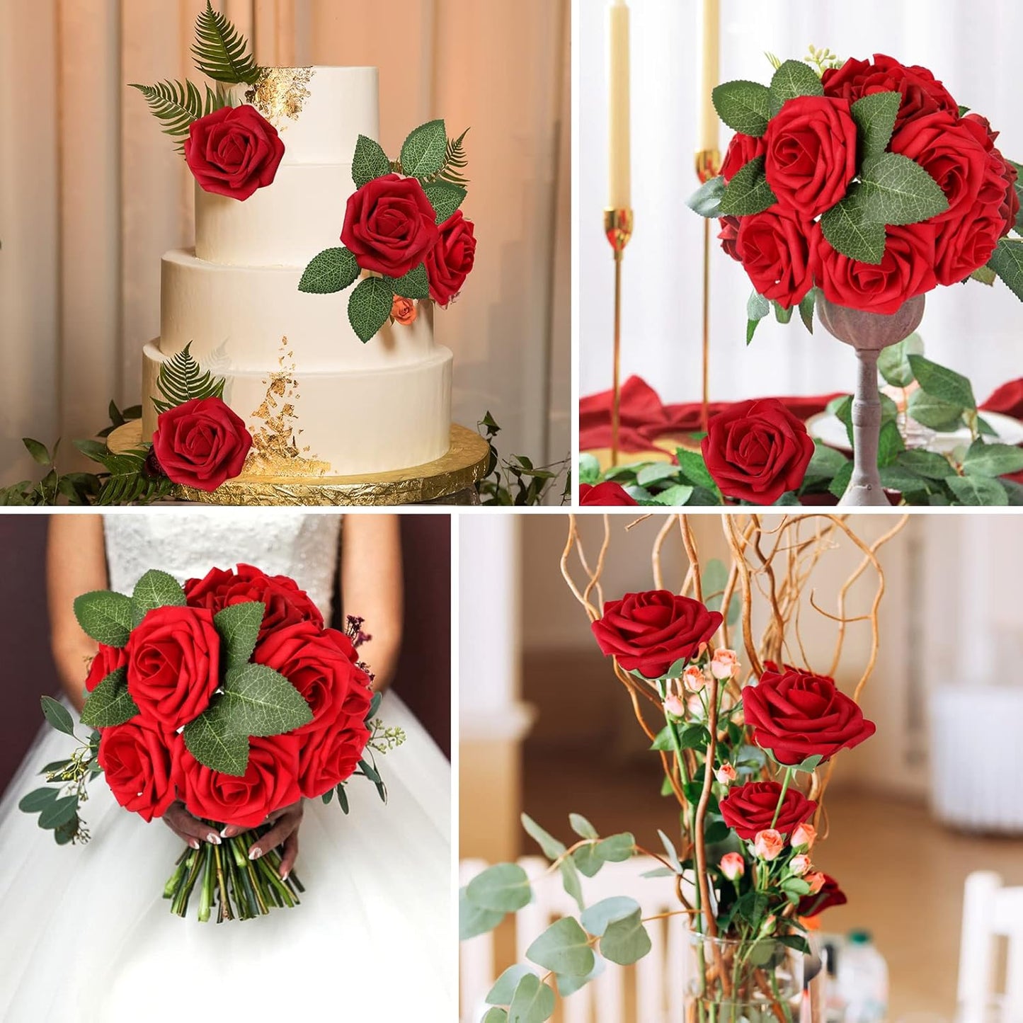 AmyHomie Artificial Flowers Dark Red Rose 100pcs Real Looking Fake Roses w/Stem for DIY Wedding Bouquets Centerpieces Arrangements Party Baby Shower Home Decorations
